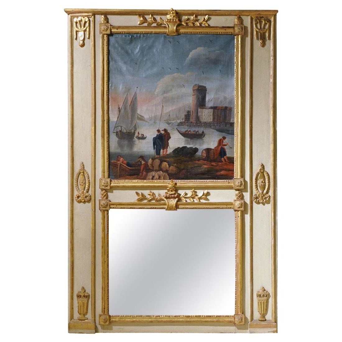 Louis XVI 18th Century Giltwood Trumeau Mirror with Harbor Scene: Louis XVI 18th Century Giltwood Trumeau Mirror with Harbor Scene Add timeless beauty and elegance to your living room or entryway with this exquisite Louis XVI trumeau mirror, crafted in Versailles,