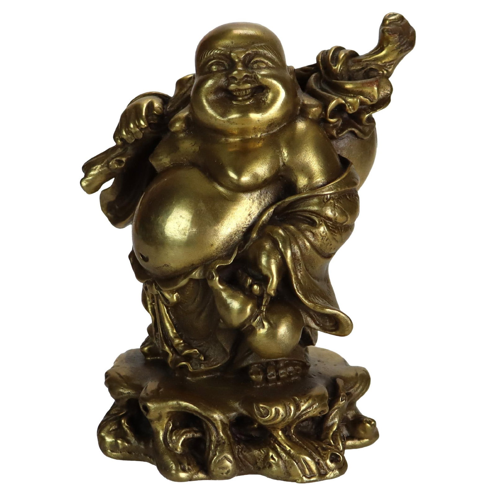 Early 20th Century Brass Hotei Buddha Figurine with Sack and Staff: Early 20th Century Brass Hotei Buddha Figurine with Sack and Staff This antique cast brass figurine, crafted around 1900, represents the Laughing Buddha, also known as Hotei. The sculpture features th