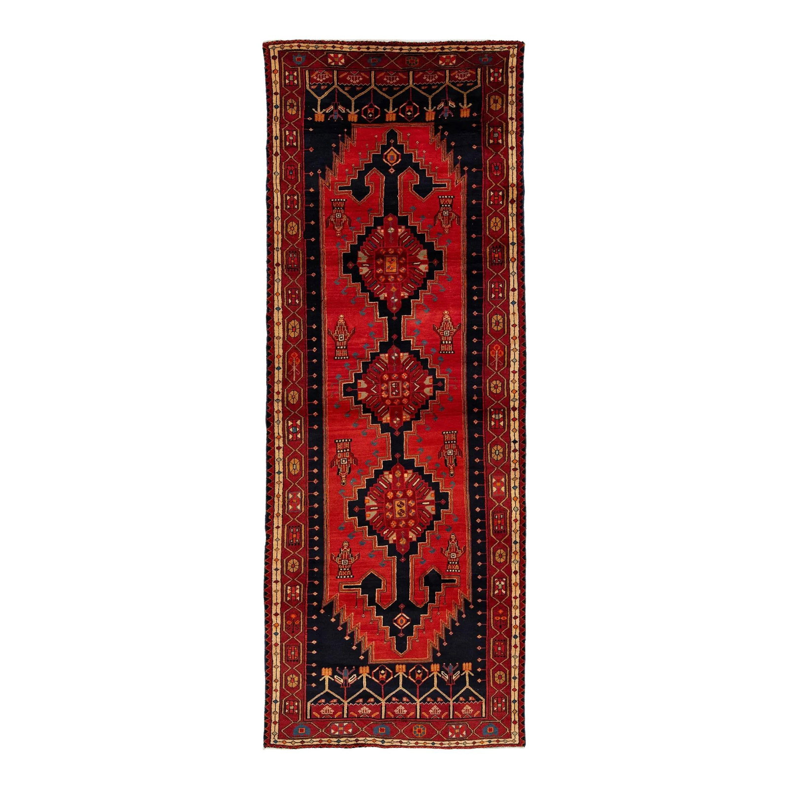 Vintage Persian Heriz Wool Rug Red Tribal Pattern 4' x 10'9: Vintage Persian Heriz Wool Rug Red Tribal Pattern 4' x 10'9 Enhance your space with this stunning vintage handmade Persian wool rug, featuring a vibrant red field complemented by intricate navy blue a