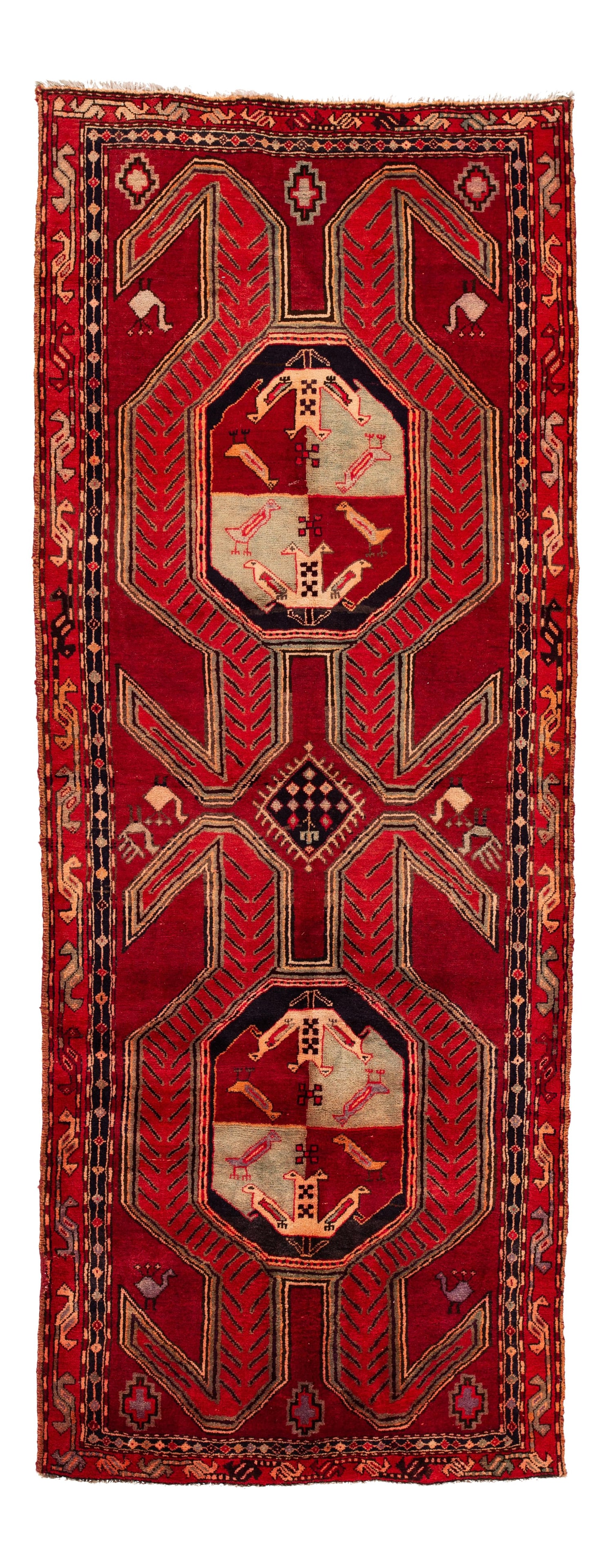 Vintage Persian Handmade Wool Runner Red 3'10 x 10'2 Geometric Design: Vintage Persian Handmade Wool Runner Red 3'10 x 10'2 Geometric Design This exquisite Vintage Persian Handmade Wool Runner features a vibrant red field adorned with a multicolor allover traditional geo