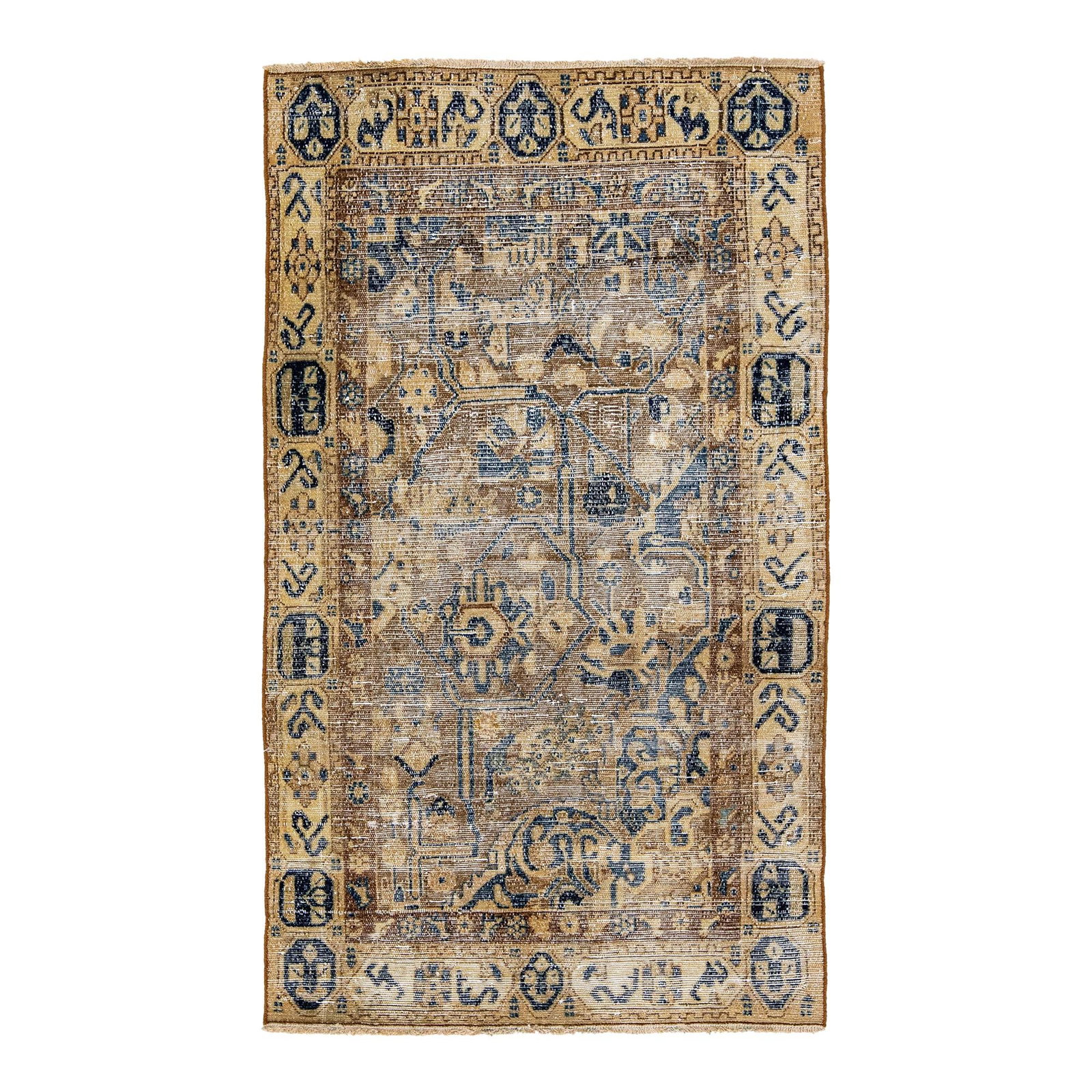 Vintage Persian Handmade Geometric Wool Rug 3'2 x 5'3 Brown: Vintage Persian Handmade Geometric Wool Rug 3'2 x 5'3 Brown This exquisite vintage Persian rug features a beautifully distressed hand-knotted wool construction, showcasing a rich brown field accented 