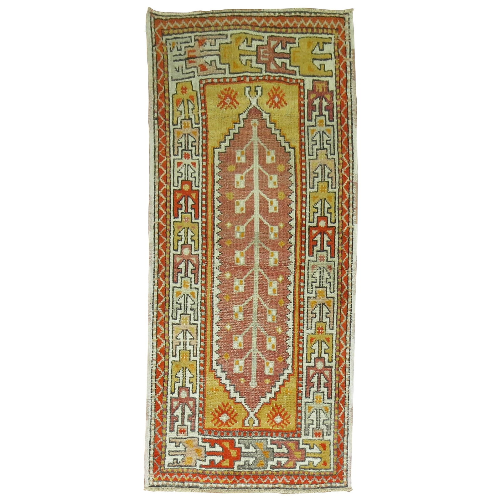 Midcentury Turkish Oushak Wool Hand Knotted Runner: Midcentury Turkish Oushak Wool Hand Knotted Runner This vintage Turkish Anatolian throw rug features a classic Oushak design, hand-knotted from wool. Originating from Turkey and dating to the mid-20th