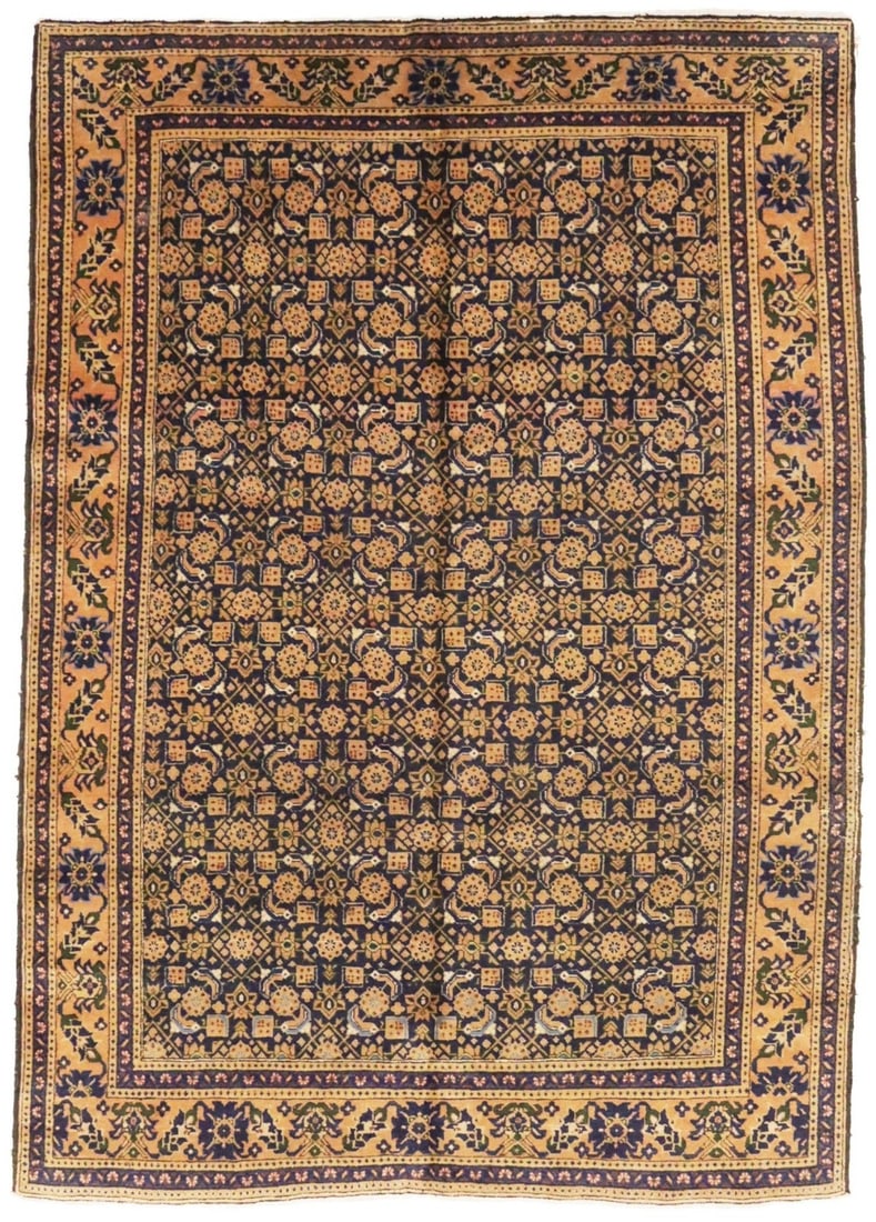 Hand-Knotted Wool Vintage Geometric Rug 7'4 x 10'5 Tribal Western Asia: Hand-Knotted Wool Vintage Geometric Rug 7'4 x 10'5 Tribal Western Asia This large vintage area rug features an allover geometric pattern in dark purple, gold, brown, green, light gray, and other hues.