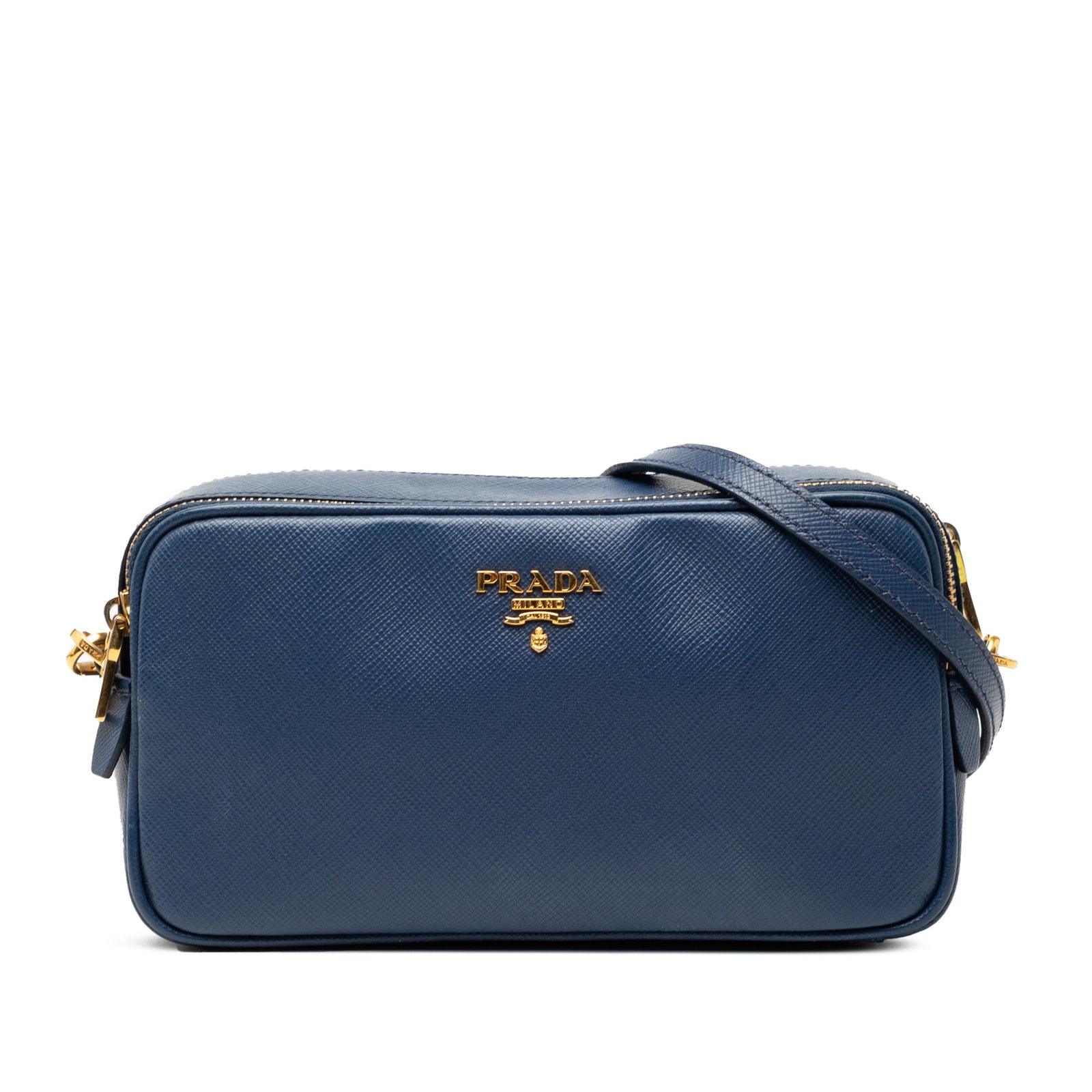 Prada blue saffiano leather mini crossbody with double zip: Prada blue saffiano leather mini crossbody with double zip This Prada Mini Saffiano Double Zip Crossbody bag is crafted from blue saffiano leather and features a compact silhouette. It includes a deta