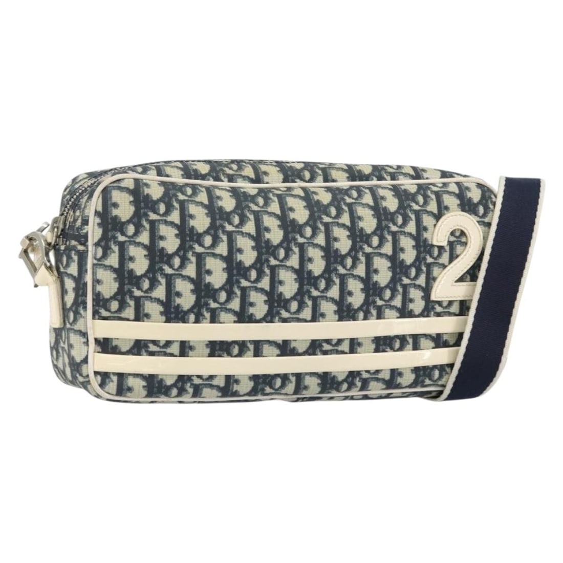 Christian Dior Trotter Canvas Navy Silver Shoulder Bag: Christian Dior Trotter Canvas Navy Silver Shoulder Bag This Christian Dior Trotter Canvas shoulder bag features a navy and silver color scheme with PVC leather and signature Trotter canvas. The bag is