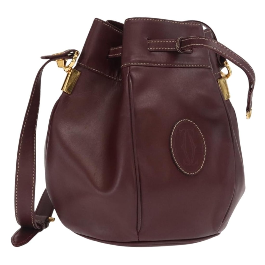 Cartier Must Line Bordeaux Leather Shoulder Bag Gold Hardware: Cartier Must Line Bordeaux Leather Shoulder Bag Gold Hardware This Cartier Must Line shoulder bag is crafted from leather in a Bordeaux color with gold-tone accents. Made in Italy, it features a struc