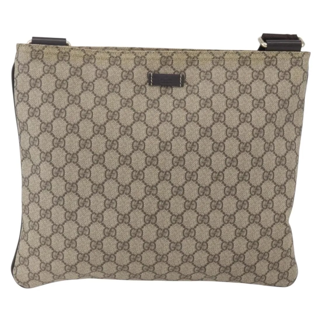 GG Coated Canvas Messenger Bag by Gucci with Zip Top Closure: GG Coated Canvas Messenger Bag by Gucci with Zip Top Closure This Gucci Zip Top Messenger Bag features a beige GG coated canvas exterior with leather accents. Designed as a unisex accessory, it offers