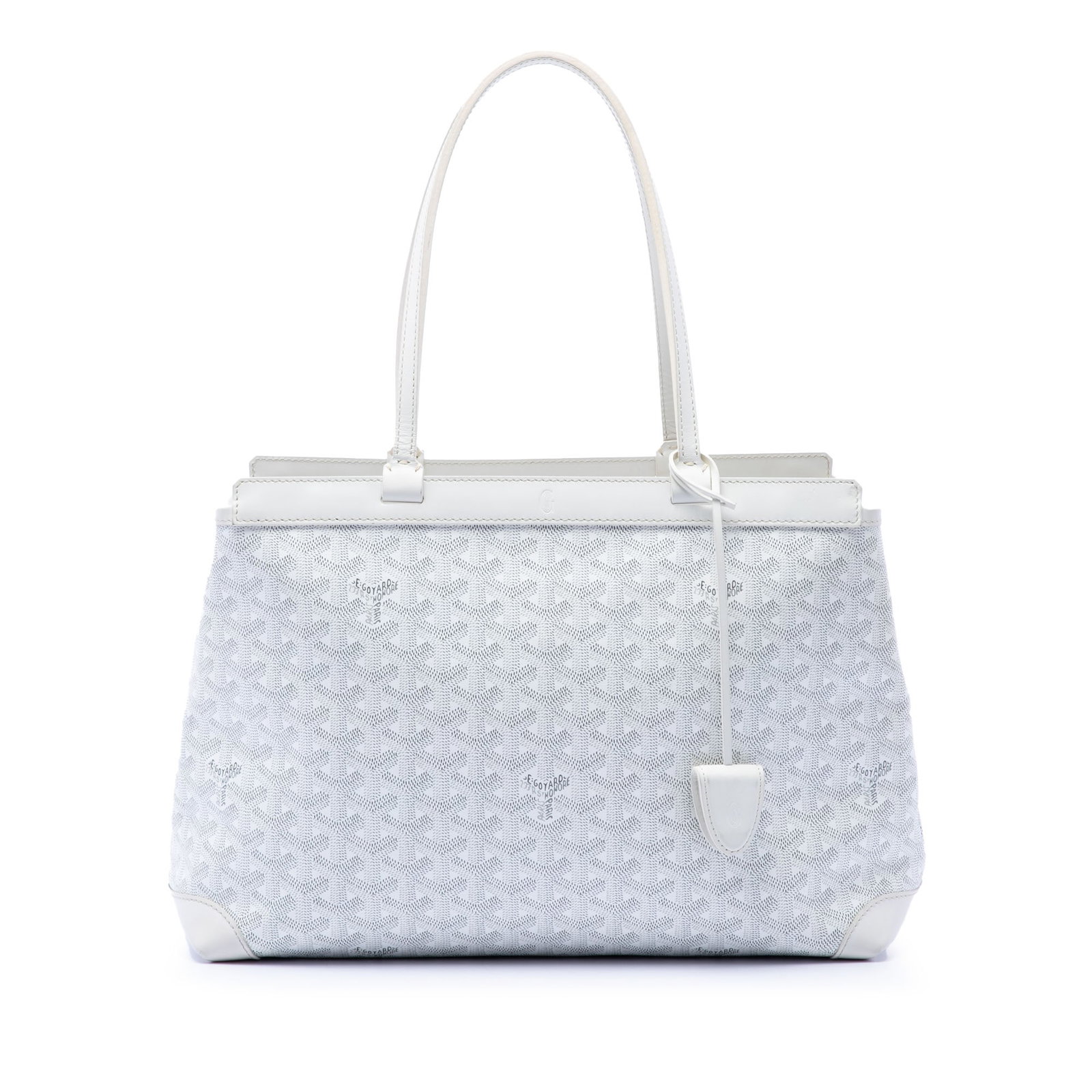 Goyard Bellechasse PM White Goyardine Shoulder Bag: Goyard Bellechasse PM White Goyardine Shoulder Bag The Goyardine Bellechasse PM is a white bag with a coated canvas body, leather trim, flat leather straps, an open top, and an interior slip pocket. M