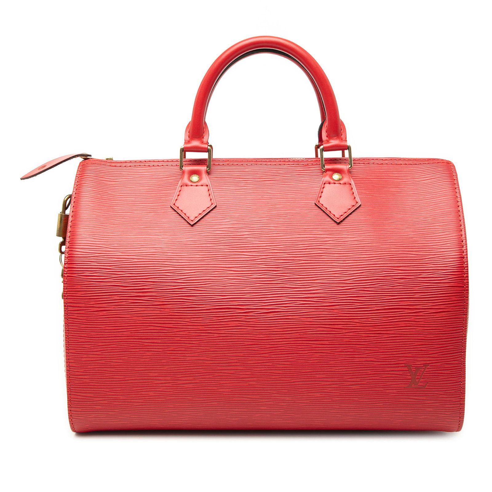 Louis Vuitton Speedy 30 red Epi leather handbag: Louis Vuitton Speedy 30 red Epi leather handbag Louis Vuitton Epi Speedy 30 handbag in red epi leather with rolled leather handles, a top zip closure, and an exterior side slip pocket. Includes a dust