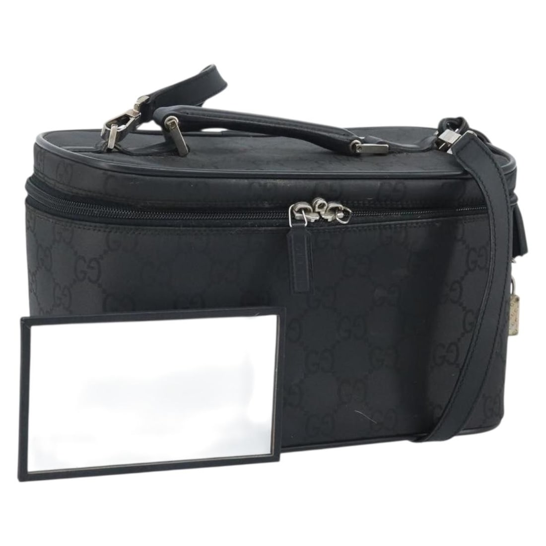 GUCCI 013 0081 2way handbag black GG canvas leather with strap mirror: GUCCI 013 0081 2way handbag black GG canvas leather with strap mirror Gucci 2-way handbag in black GG canvas and leather with silver-tone accents. Made in Italy, this women's bag includes a shoulder s