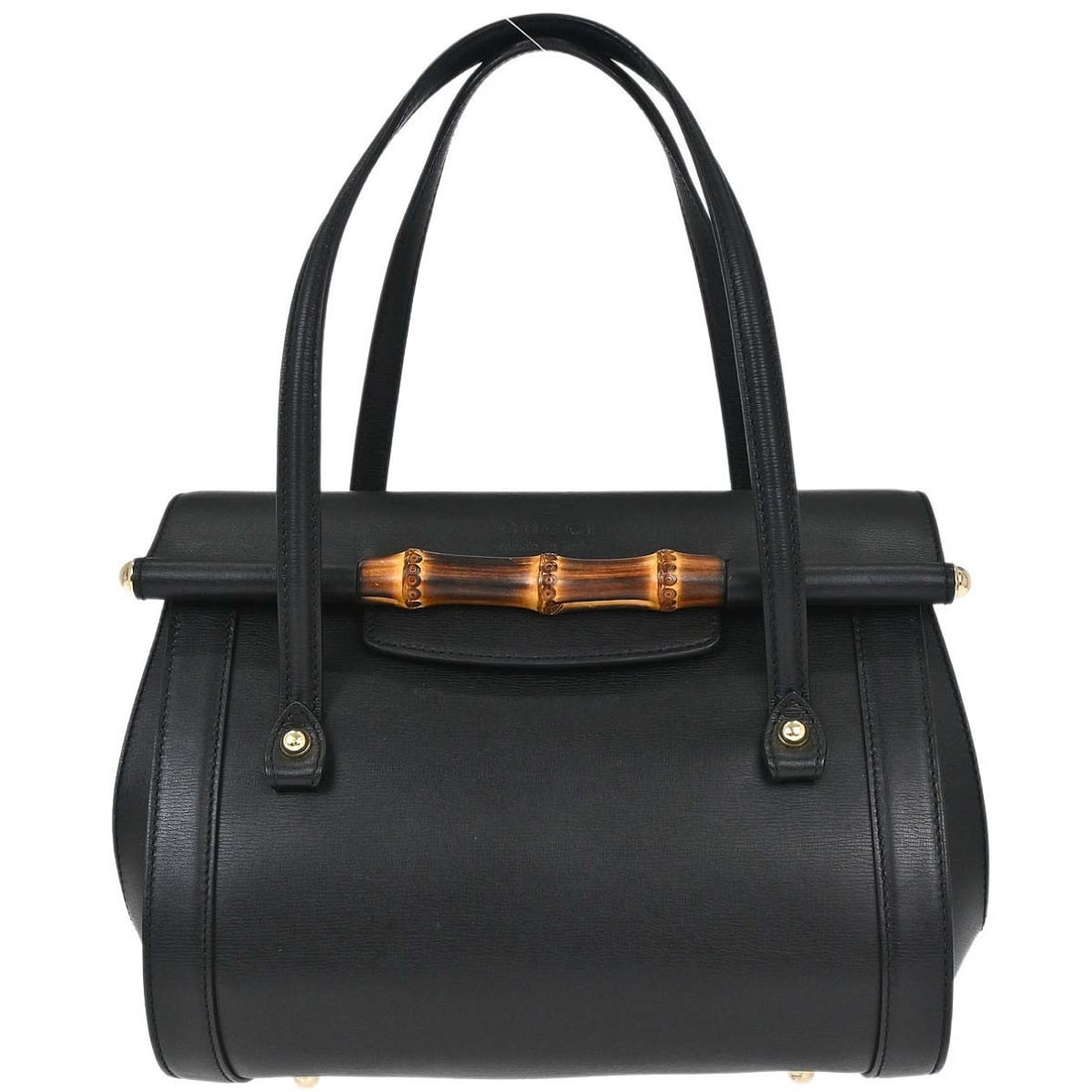 Gucci Bamboo medium top handle bag in black leather: Gucci Bamboo medium top handle bag in black leather Vintage Gucci Bamboo top handle handbag in black leather with bamboo accents. This medium handbag is made in Italy and features an exterior with scu