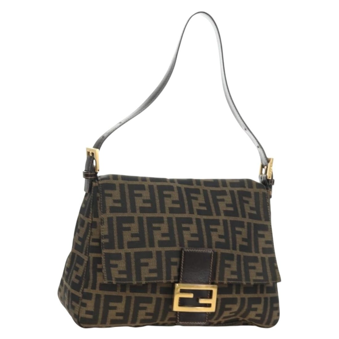 FENDI Mamma Baguette Shoulder Bag Zucca Canvas Brown Black: FENDI Mamma Baguette Shoulder Bag Zucca Canvas Brown Black Fendi Mamma Baguette shoulder bag in brown and black Zucca canvas with gold-tone accents. Made in Italy, this women's shoulder bag is offered