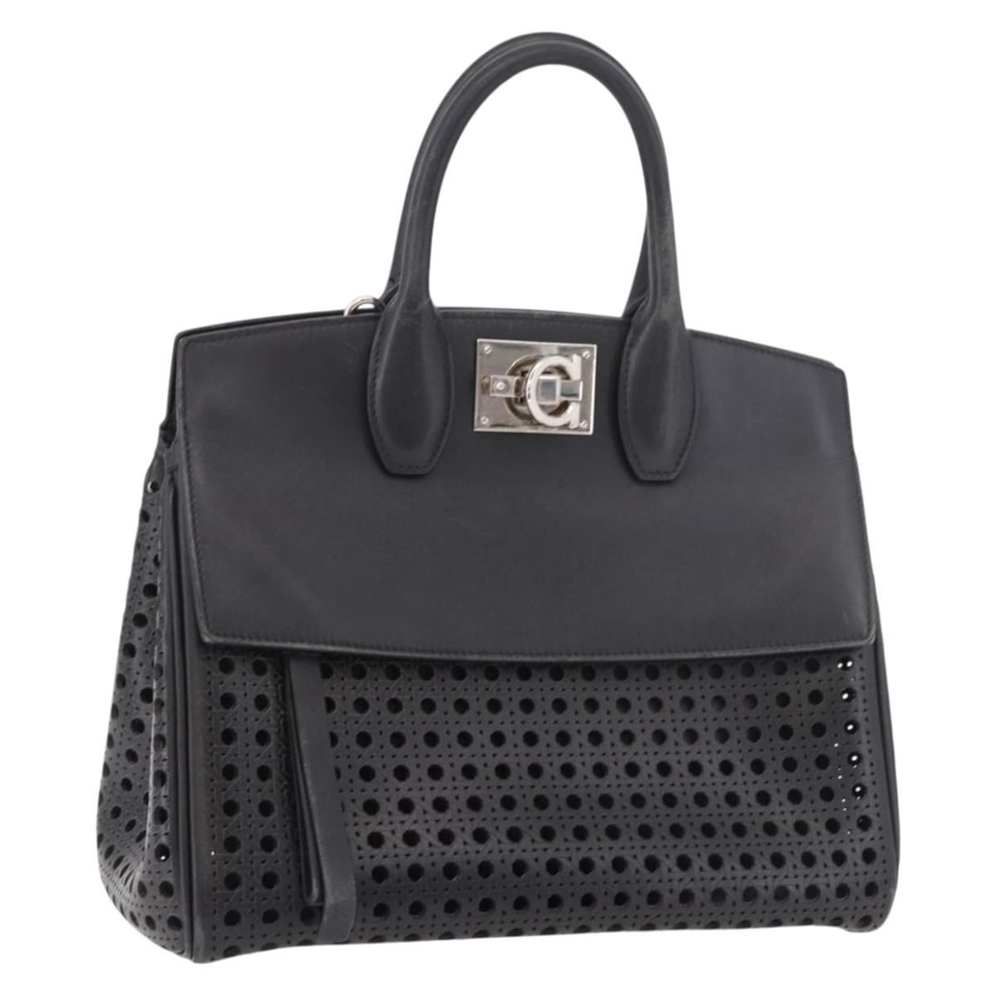 Salvatore Ferragamo Gancini Black Leather 2way Handbag Silver Tone: Salvatore Ferragamo Gancini Black Leather 2way Handbag Silver Tone Salvatore Ferragamo Gancini 2-way handbag in black leather with silver-tone accents. Made in Italy, this women's bag features a struc