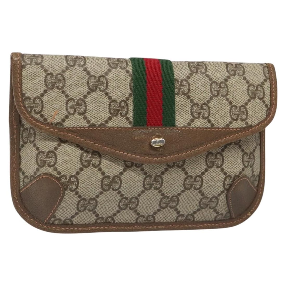 Gucci GG Supreme Beige Pouch PVC Leather Web Sherry Line 89 01 021: Gucci GG Supreme Beige Pouch PVC Leather Web Sherry Line 89 01 021 This is a Gucci GG Supreme Web Sherry Line pouch crafted from beige PVC leather and GG canvas. Made in Italy, this women's pouch feat