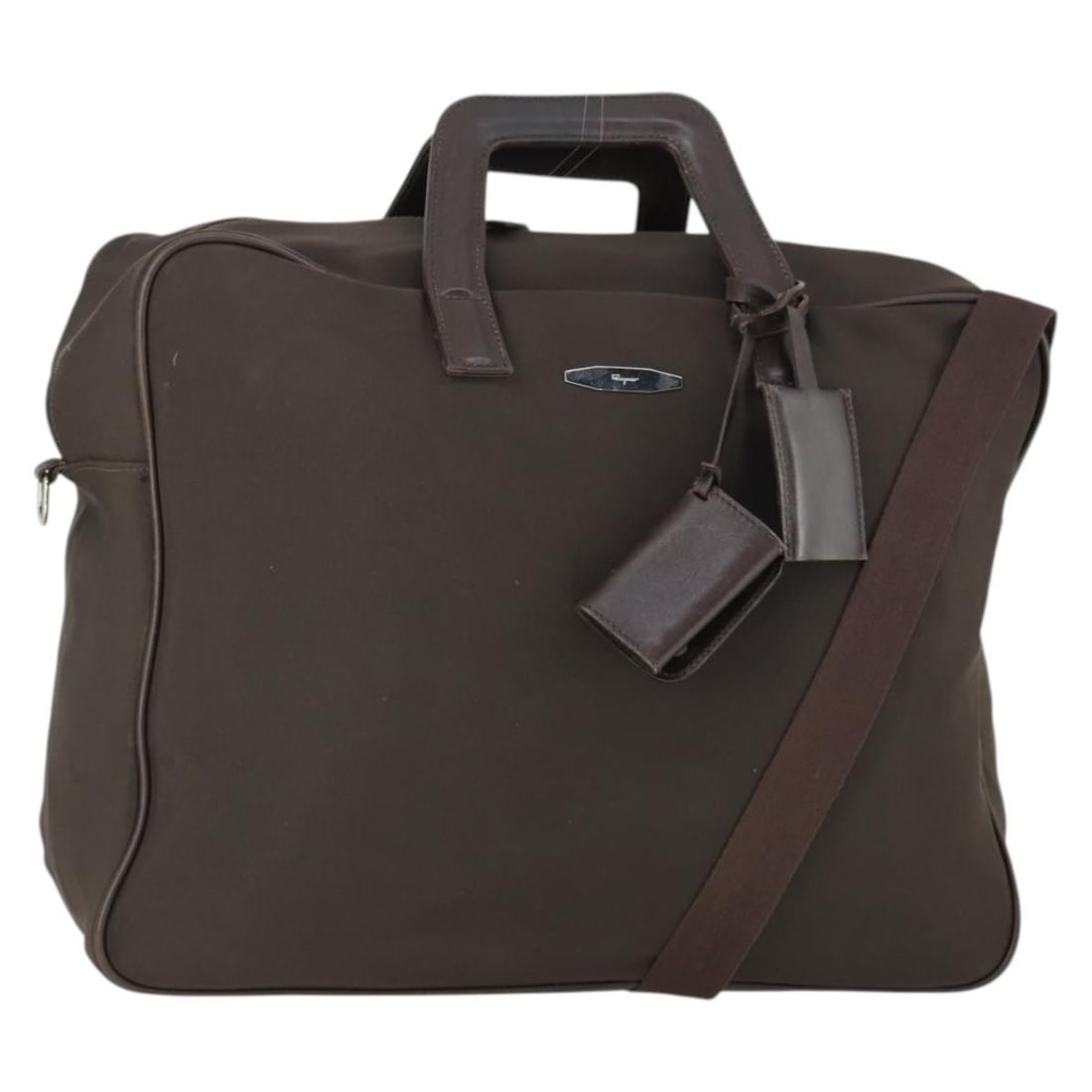 Brown Canvas Boston Bag by Salvatore Ferragamo with Silver Accents: Brown Canvas Boston Bag by Salvatore Ferragamo with Silver Accents This Salvatore Ferragamo Boston bag is crafted from brown and silver canvas, designed for women. The bag features both a shoulder str