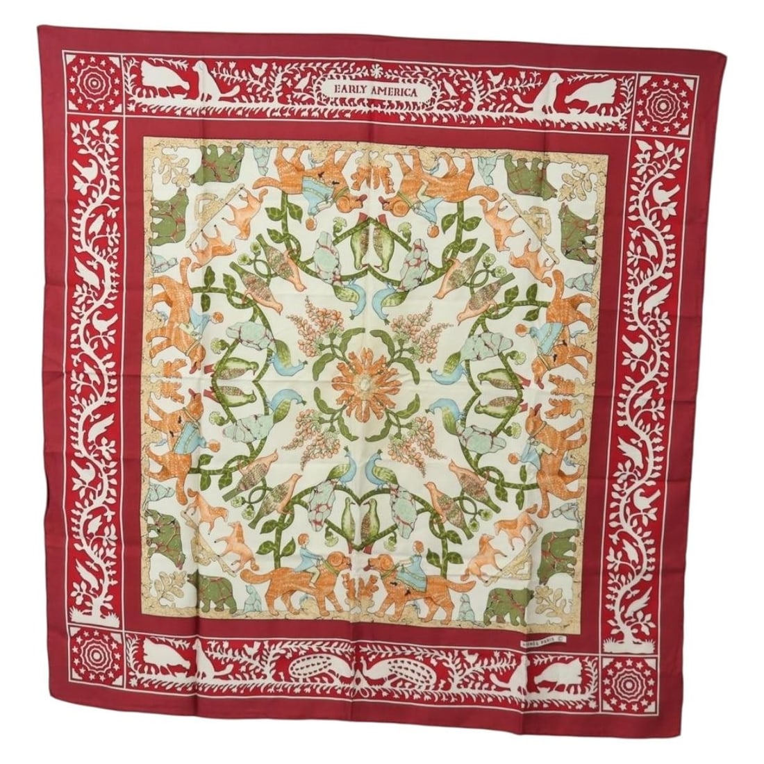 Hermes Silk Carre 90 Red Square Scarf Made in France: Hermes Silk Carre 90 Red Square Scarf Made in France Authentic Hermes Carre 90 silk scarf in red. This women's scarf is made in France and shows heavy signs of use, including rubbing, slight staining,