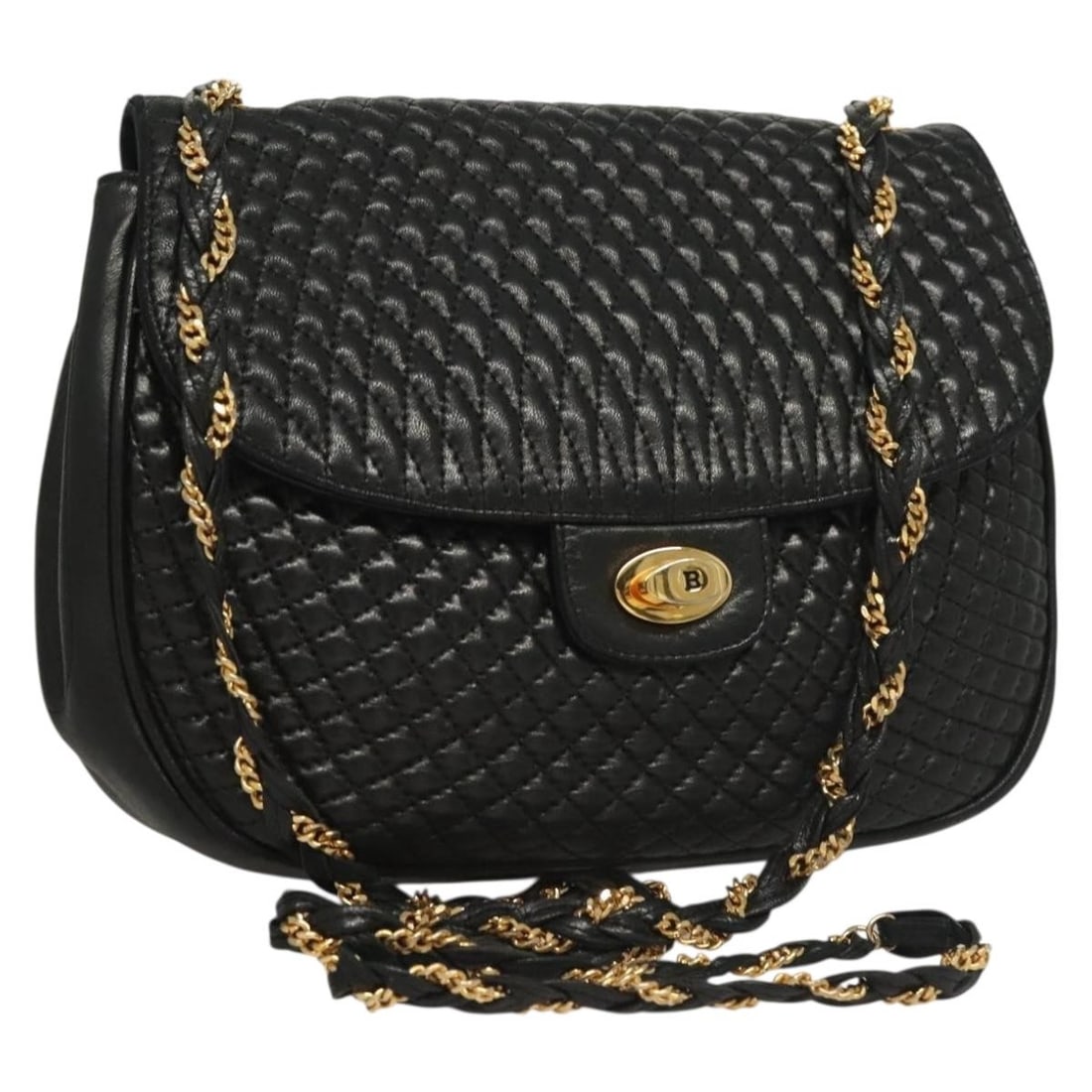 BALLY Black Gold Leather Quilted Chain Shoulder Bag Made in Italy: BALLY Black Gold Leather Quilted Chain Shoulder Bag Made in Italy This BALLY Quilted Chain Shoulder Bag combines elegance and functionality with its luxurious leather construction in a chic black and 
