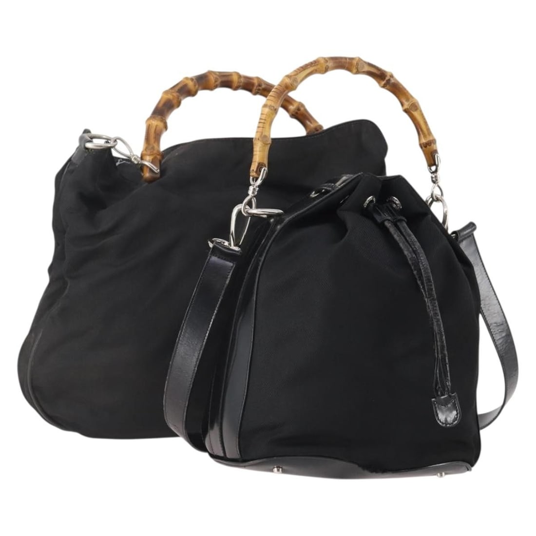 Gucci black nylon handbag with shoulder strap 2way set: Gucci black nylon handbag with shoulder strap 2way set This is a GUCCI Bamboo Hand Bag set crafted from black nylon and designed for versatile use with both hand and shoulder carrying options. The set