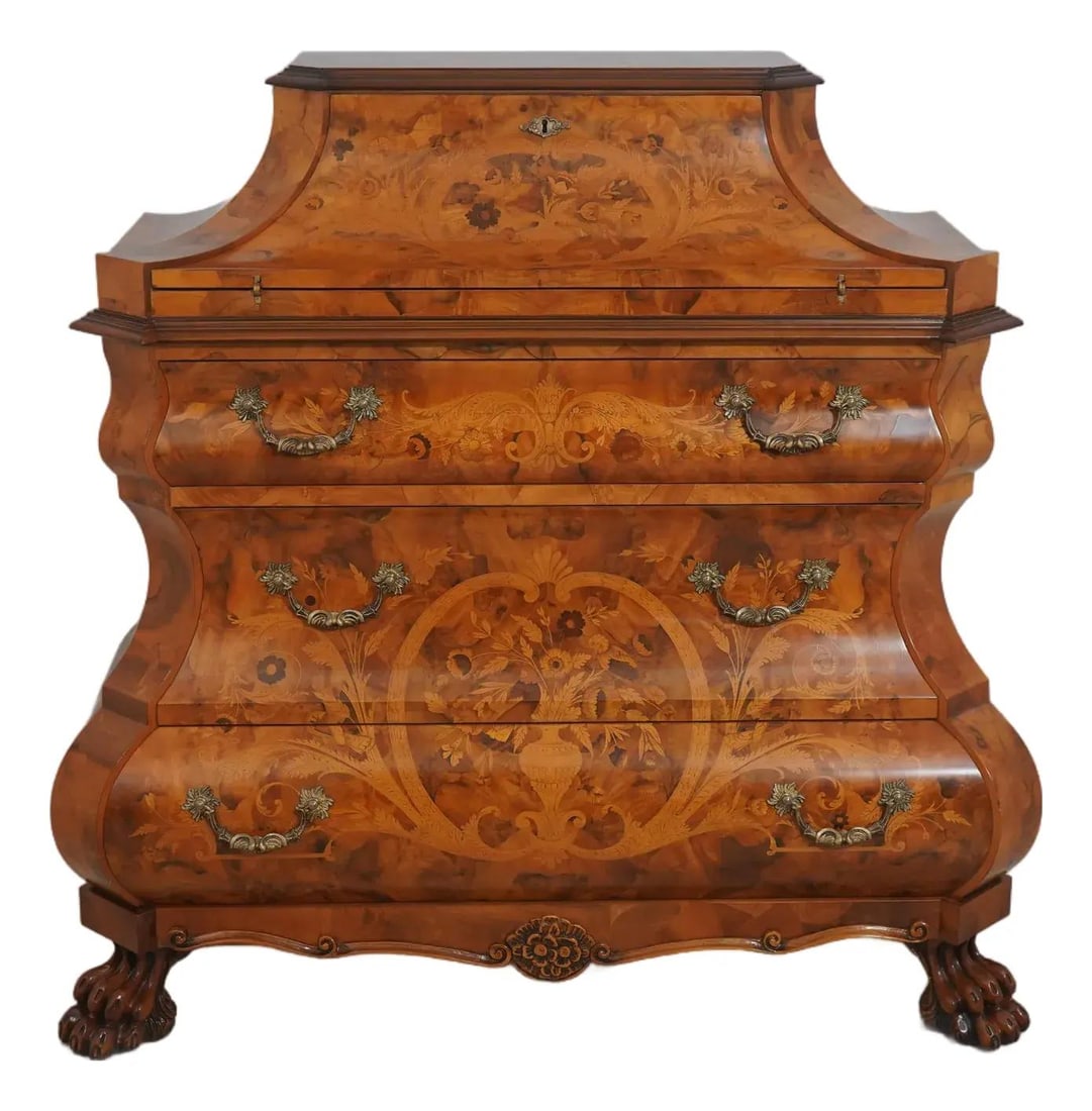 Continental Style Olivewood Desk With Intricate Inlay and Brass Hardware: Continental Style Olivewood Desk With Intricate Inlay and Brass Hardware This Italian fall front desk showcases highly detailed inlay work throughout and is crafted from olivewood, reflecting a classi