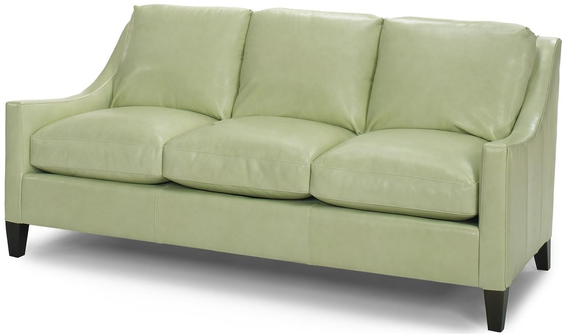 Customizable Modern Celadon Leather Settee: Customizable Modern Celadon Leather Settee This customizable modern settee combines style and comfort, featuring a sleek design with tapered legs. Hand-crafted in the USA, it is made to order with a p