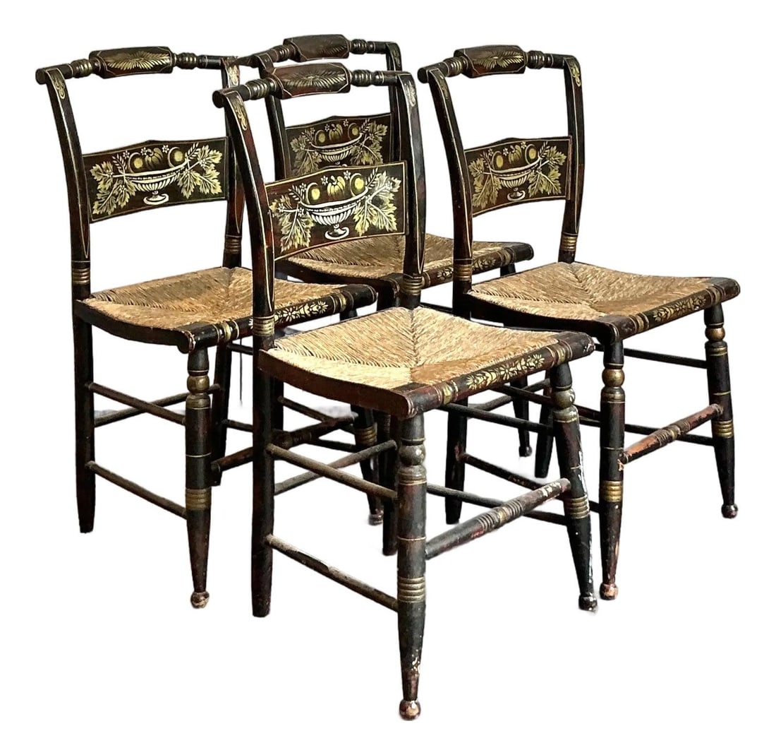 Set of 4 Hand Painted Boho Hitchcock Dining Chairs With Rush Seats: Set of 4 Hand Painted Boho Hitchcock Dining Chairs With Rush Seats This set of four vintage Hitchcock chairs showcases Americana folk art with rustic elegance. Crafted from wood and finished in a deep