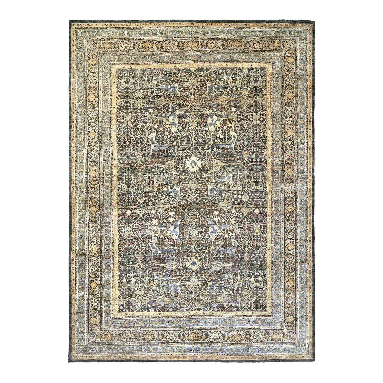 Handcrafted Dark Brown Wool and Silk Rug 10'1" x 13'10" with Gold Accents: Handcrafted Dark Brown Wool and Silk Rug 10'1" x 13'10" with Gold Accents Transform your living space with this exquisite handcrafted contemporary rug, meticulously woven from a luxurious dark brown w