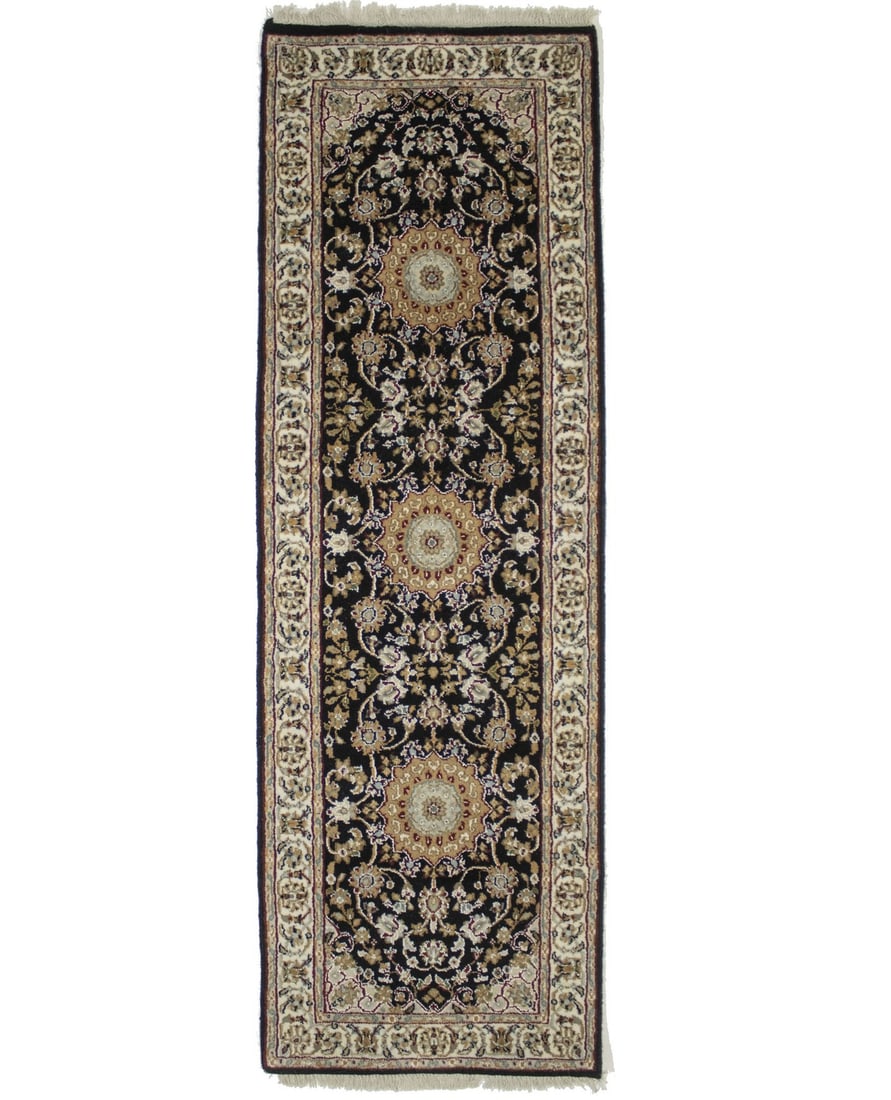 Hand-knotted Indo-Nain Runner Rug 2'8 x 8' Wool and Silk Floral Pattern: Hand-knotted Indo-Nain Runner Rug 2'8 x 8' Wool and Silk Floral Pattern This handmade Indo-Nain runner rug features an elegant black floral pattern with accents of cream, medium brown, beige, gray, ma