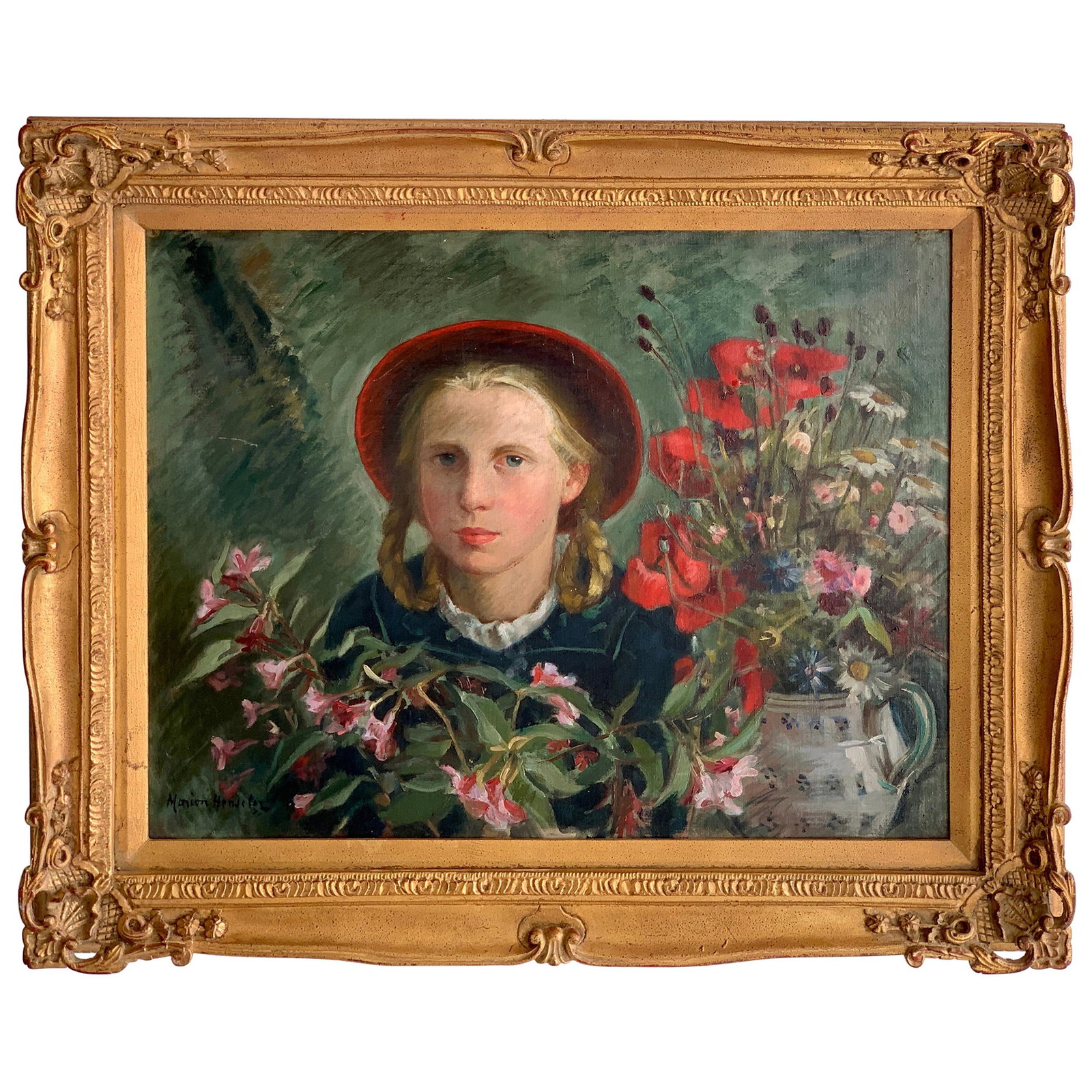 Marion Henseler Portrait Girl Amongst Flowers Giltwood Frame 1950s: Marion Henseler Portrait Girl Amongst Flowers Giltwood Frame 1950s Experience the charm of a vibrant portrait titled 'Portrait Girl Amongst Flowers' by Marion Henseler, a renowned German artist (1894 