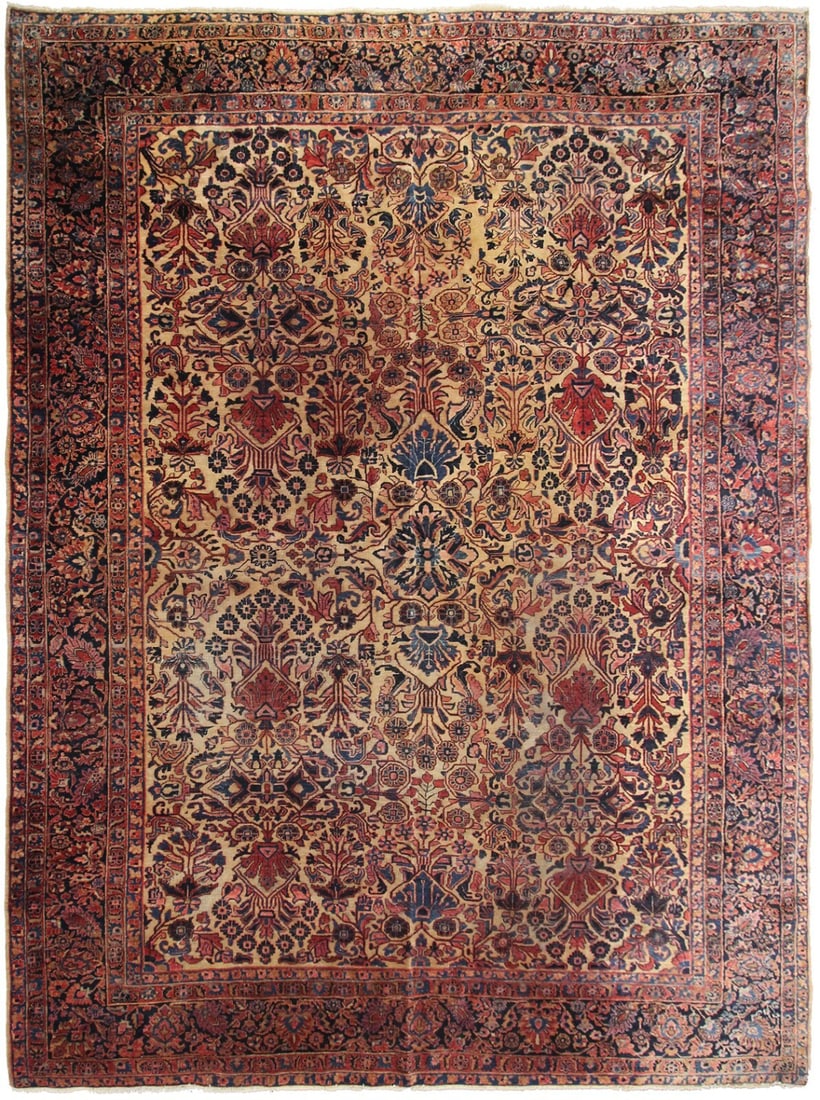 Antique Mohajeran Persian Wool Area Rug 9x12 Circa 1890: Antique Mohajeran Persian Wool Area Rug 9x12 Circa 1890 This antique Persian Sarouk Mohajeran rug, dating to circa 1890, is a rare hand-knotted area rug crafted from 100% fine wool with a cotton found