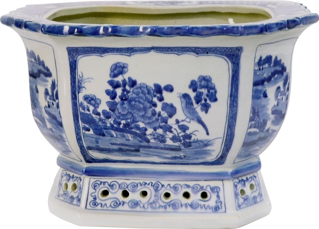 Chinoiserie Octagonal Porcelain Planter Floral Design 10H 15W 10D: Chinoiserie Octagonal Porcelain Planter Floral Design 10H 15W 10D This exquisite octagonal planter beautifully showcases a floral motif, embodying the elegance of Chinoiserie style. Handmade from high