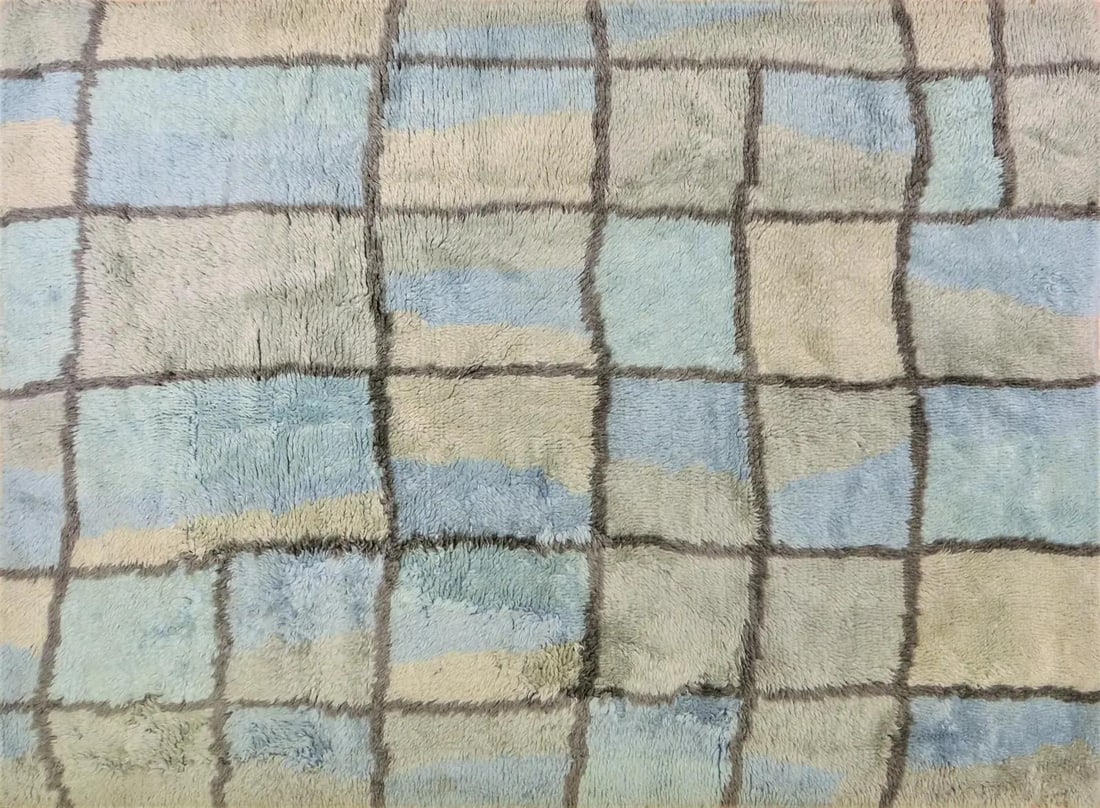 6'x9' Azilal Wool Rug with Hand Knotted Moroccan Design: 6'x9' Azilal Wool Rug with Hand Knotted Moroccan Design This Moroccan Azilal hand-knotted rug features organic wool construction, natural colors, and a contemporary design. The rug offers a soft textu