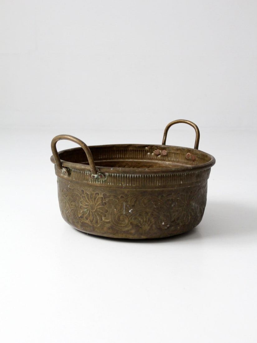 Antique Hand-Hammered Brass Basin with Floral Motif (1 of 5)