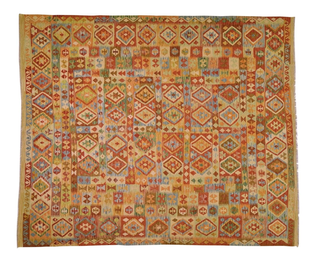 Afghan Wool Maimana Kilim Rug with Geometric Design 8'4" x 10'1": Afghan Wool Maimana Kilim Rug with Geometric Design 8'4" x 10'1" This vintage Afghan Maimana kilim is hand woven from wool and features natural colors with a striking geometric pattern. The rug is pri