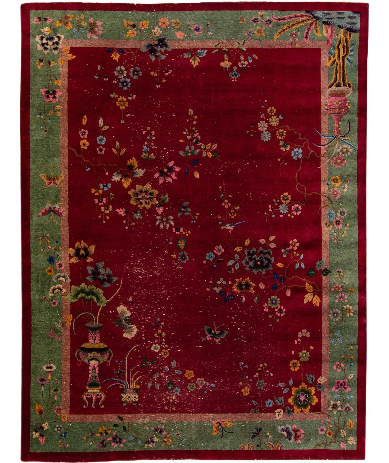 Antique Art Deco Chinese Hand-Knotted Floral Wool Rug 9' x 11'8 (1 of 10)
