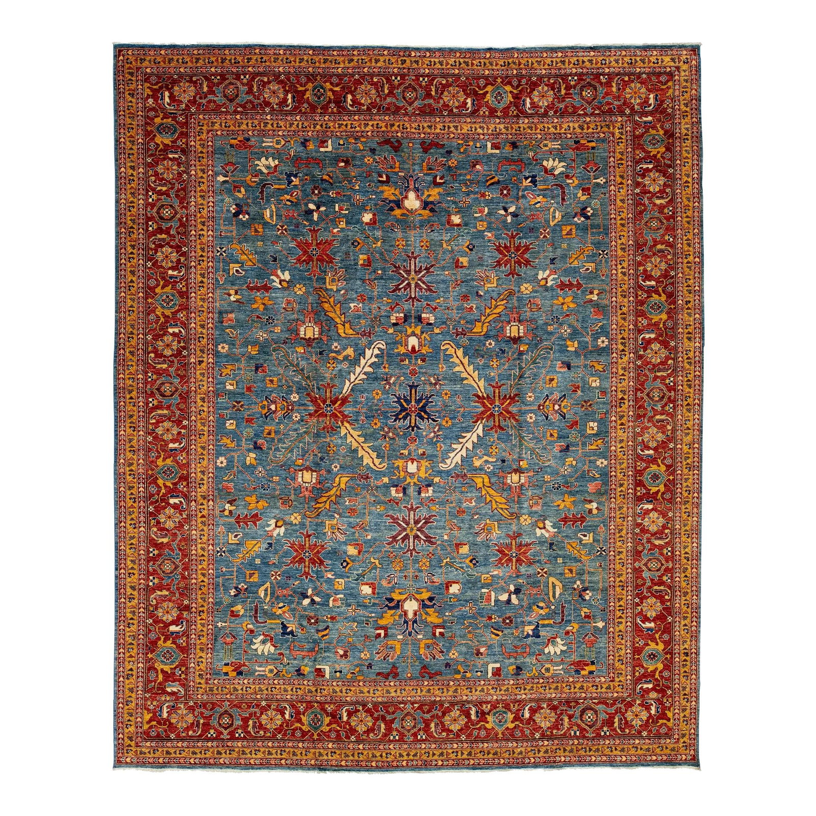 Navy Blue Serapi Style Hand-Knotted Wool Rug 12'1" x 14'9" Floral Design: Navy Blue Serapi Style Hand-Knotted Wool Rug 12'1" x 14'9" Floral Design Enhance your living space with this stunning Serapi-style hand-knotted wool rug, featuring a rich navy blue color field. The ru
