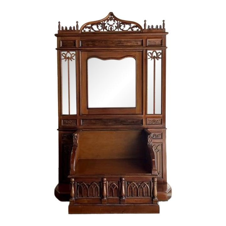 Mahogany Gothic Revival Hall Tree Bench with Mirrors and Drawers (1 of 10)