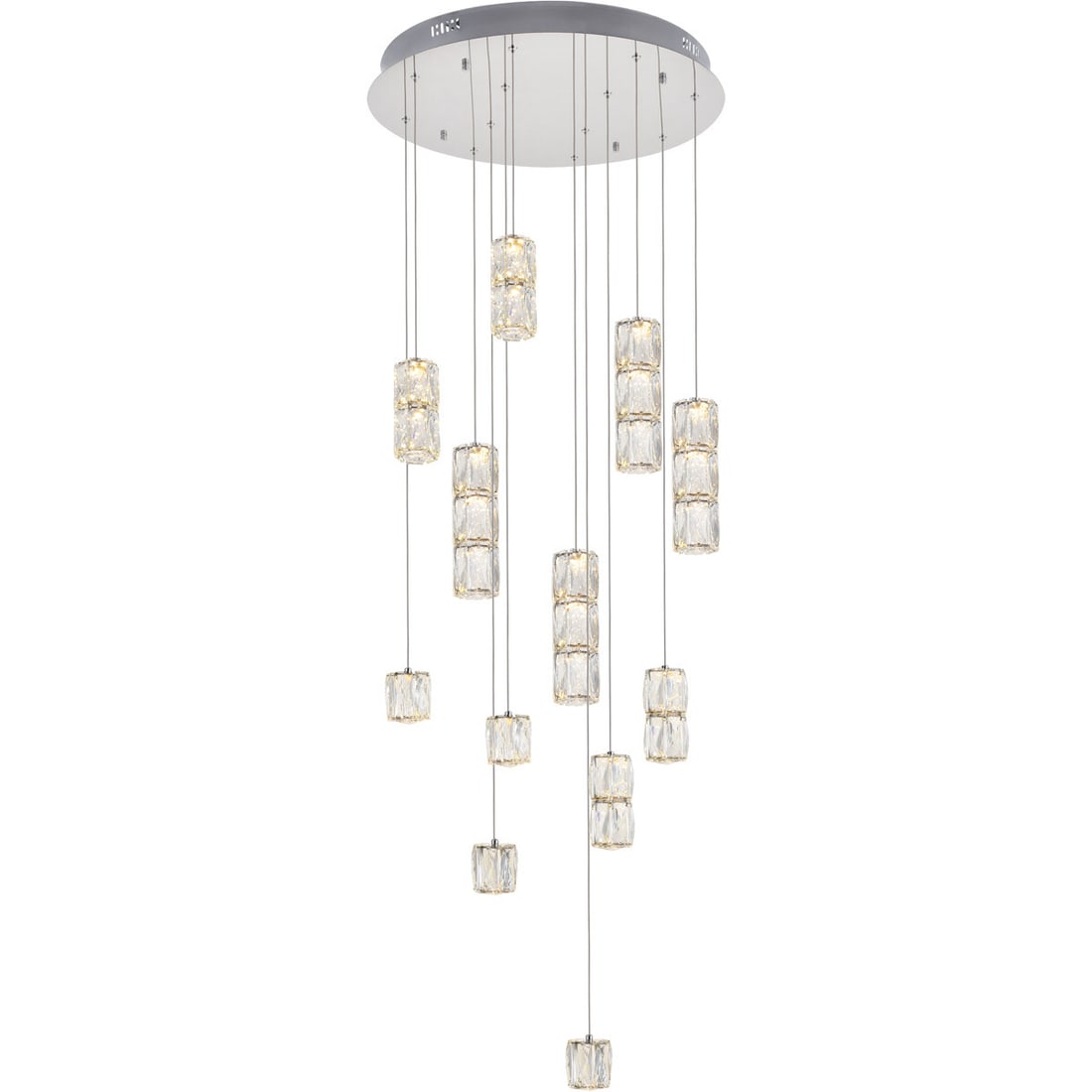 Polaris 12 Light Chrome Crystal Pendant Chandelier: Polaris 12 Light Chrome Crystal Pendant Chandelier This modern flush mount chandelier features a polished chrome finish and is adorned with multi-sided, royal cut clear crystals, creating a striking a