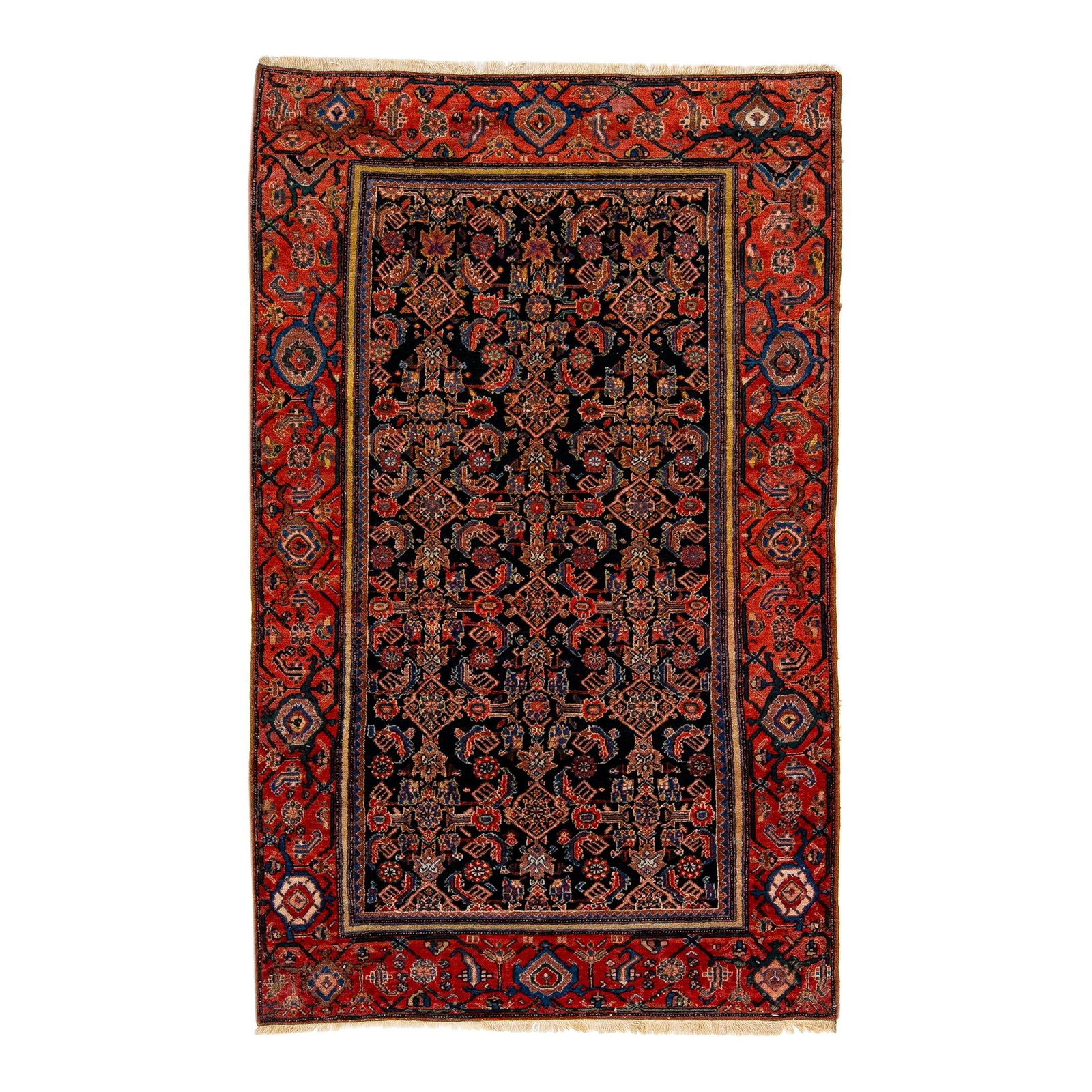 1930s Vintage Malayer Wool Rug Dark Blue with Red Accents 4 x 6'5: 1930s Vintage Malayer Wool Rug Dark Blue with Red Accents 4 x 6'5 This stunning antique Malayer rug showcases exquisite craftsmanship with its hand-knotted wool construction. Featuring a rich dark blu