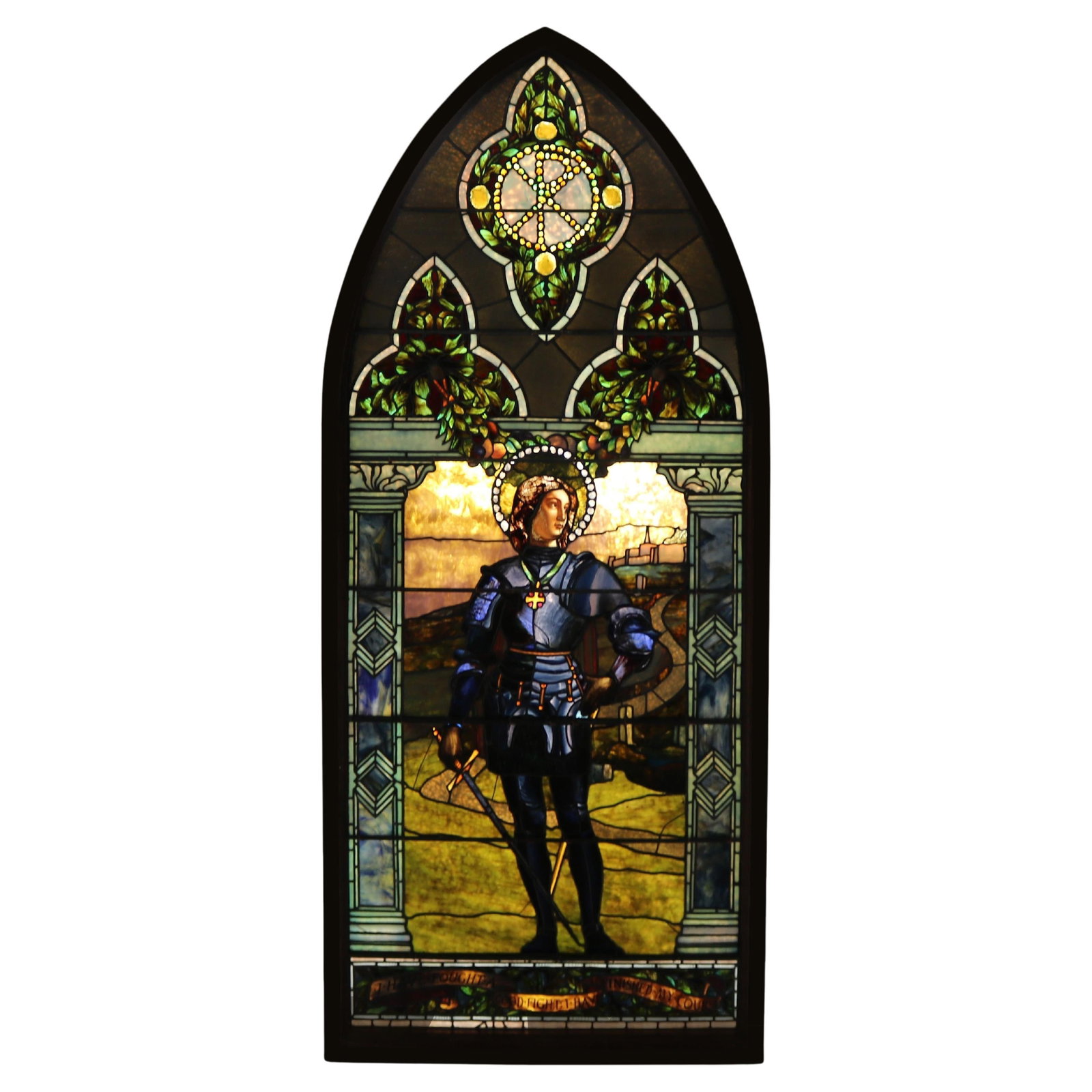 Historic Tiffany Crusader Window after Mantegna 104in Stained Glass c1890: Historic Tiffany Crusader Window after Mantegna 104in Stained Glass c1890 This magnificent historic Tiffany Studios framed window titled "Crusader" depicts a Warrior Knight, inspired by the 1460 work 