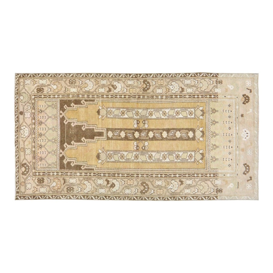 Hand-Knotted Wool Anatolian Rug in Tan 3'9" x 7'5" Vintage Turkish: Hand-Knotted Wool Anatolian Rug in Tan 3'9" x 7'5" Vintage Turkish This vintage Turkish Anatolian hand-knotted wool rug showcases traditional craftsmanship, blending classic artistry with a modern des