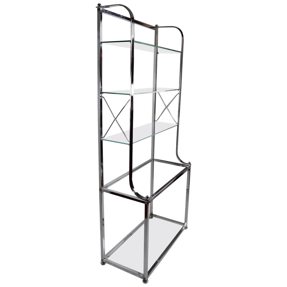 Hollywood Regency Chrome Glass Vitrine with Elegant Design: Hollywood Regency Chrome Glass Vitrine with Elegant Design This exquisite chrome and glass vitrine embodies the elegance of the Hollywood Regency style. Featuring a wider lower section with two spacio