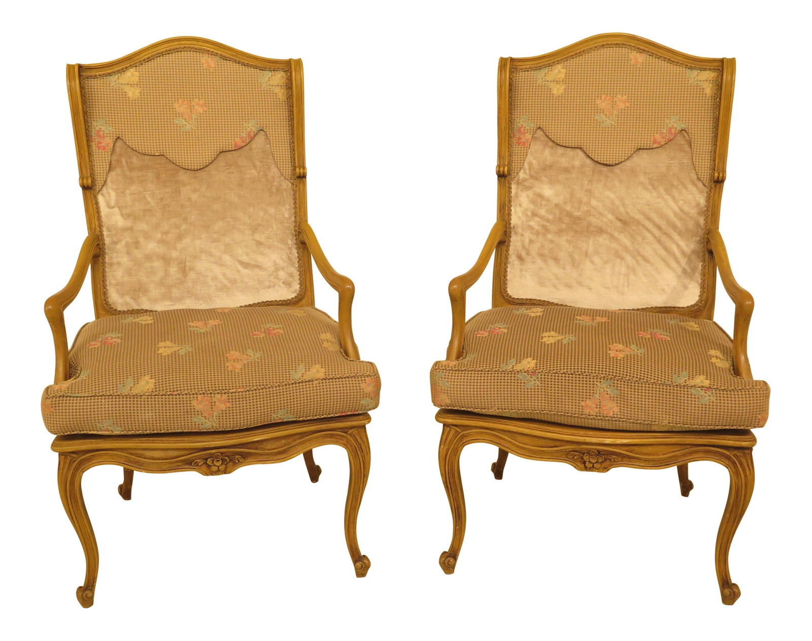 Pair of Vintage French Style Arm Chairs with Custom Upholstery: Pair of Vintage French Style Arm Chairs with Custom Upholstery This exquisite pair of Vintage Mid Century French Style Arm Chairs features elegant paint decoration and plush down seat cushions. The ch