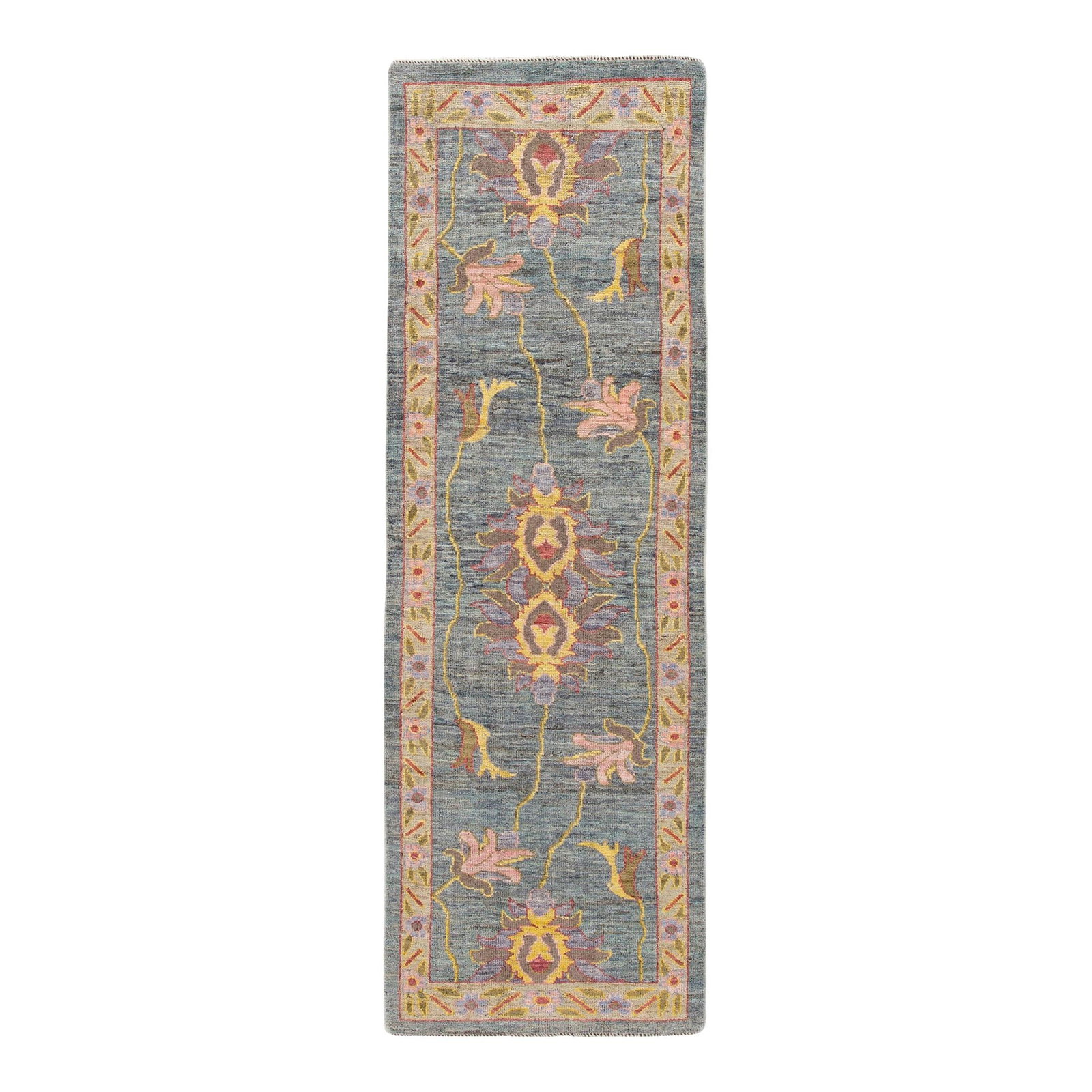 Modern Oushak Gray Botanical Wool Runner 2'11 x 9': Modern Oushak Gray Botanical Wool Runner 2'11 x 9' Enhance your space with this exquisite Modern Oushak Handmade Wool Runner. Featuring a beautiful gray field, this hand-knotted rug is adorned with a 