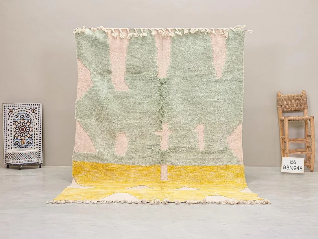 Unique Handmade Berber Wool Rug in Mint Green and Blush from Morocco: Unique Handmade Berber Wool Rug in Mint Green and Blush from Morocco Enhance your home with this unique handmade Berber wool rug, meticulously crafted by skilled Berber artisans from the Atlas Mountai