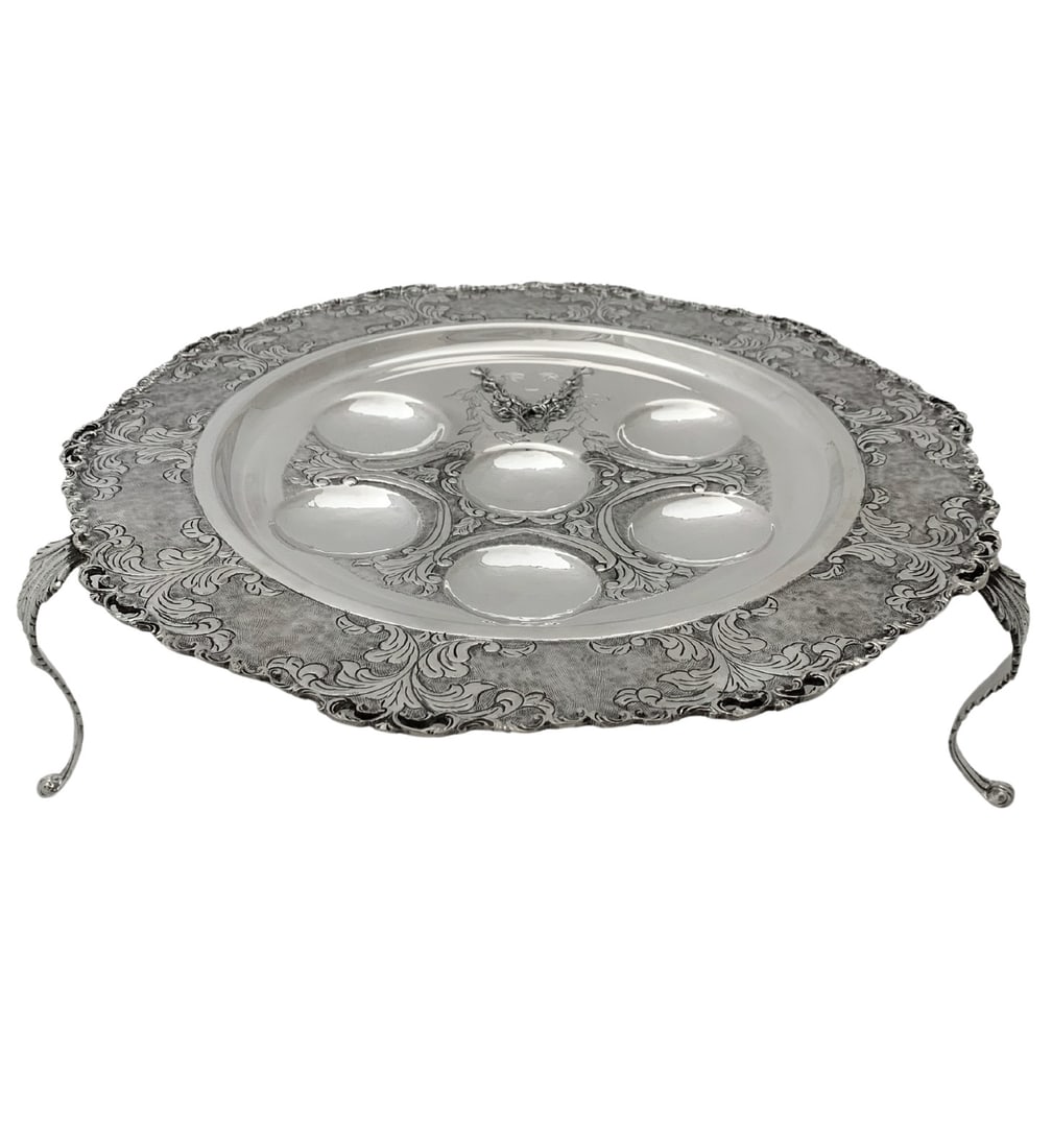 Elegant 3 Leg Seder Plate in 925 Sterling Silver with Floral Appliques (1 of 5)
