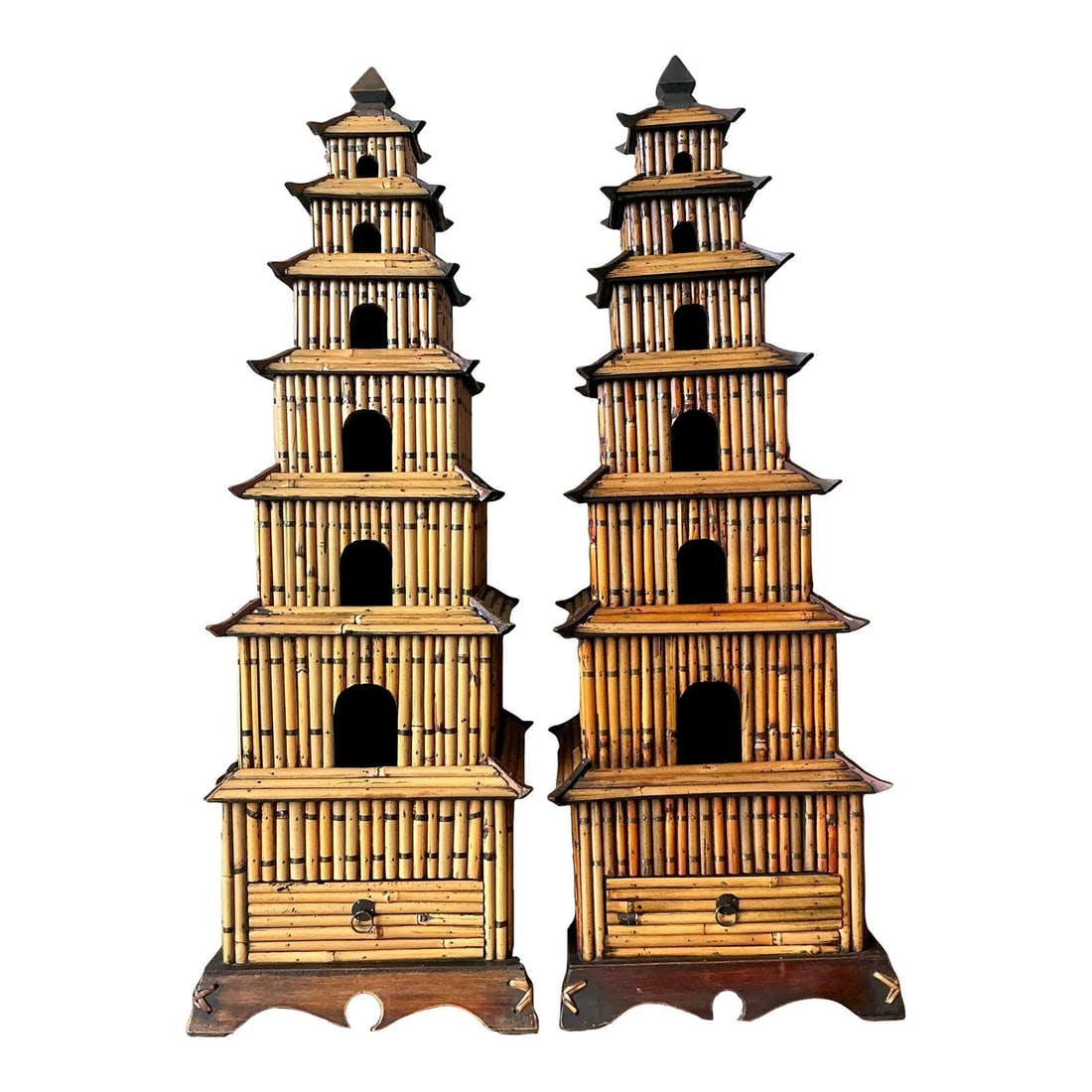 Pair of Vintage Rattan Multi-Tier Pagoda Sculptures Asian Inspired: Pair of Vintage Rattan Multi-Tier Pagoda Sculptures Asian Inspired This pair of vintage Asian rattan pagodas features intricate, multi-tiered designs inspired by traditional Eastern temples. Each hand