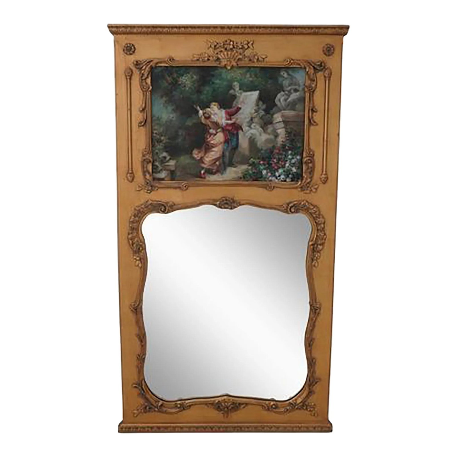 Elegant French Louis XV Trumeau Gold Mirror with Hand-Painted Canvas: Elegant French Louis XV Trumeau Gold Mirror with Hand-Painted Canvas This exquisite French Louis XV Trumeau Style Gold Mirror features a stunning hand-painted and signed oil painting on the canvas top