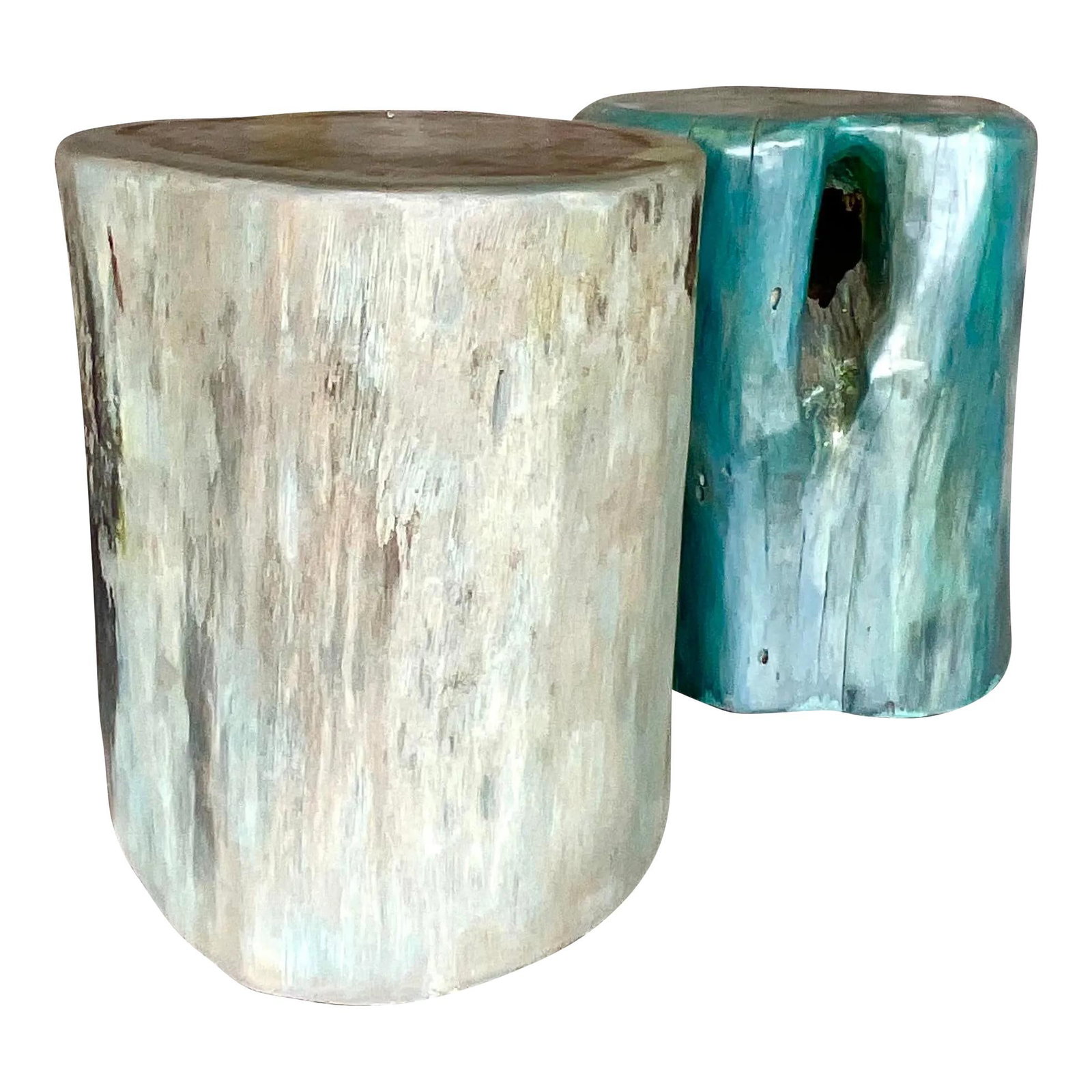 Vintage Boho Teal Wood Stools Set of Two Chic Design: Vintage Boho Teal Wood Stools Set of Two Chic Design Enhance your space with this beautiful set of two vintage Boho low stools, featuring a chic blue-green color wash. Constructed from solid wood, the