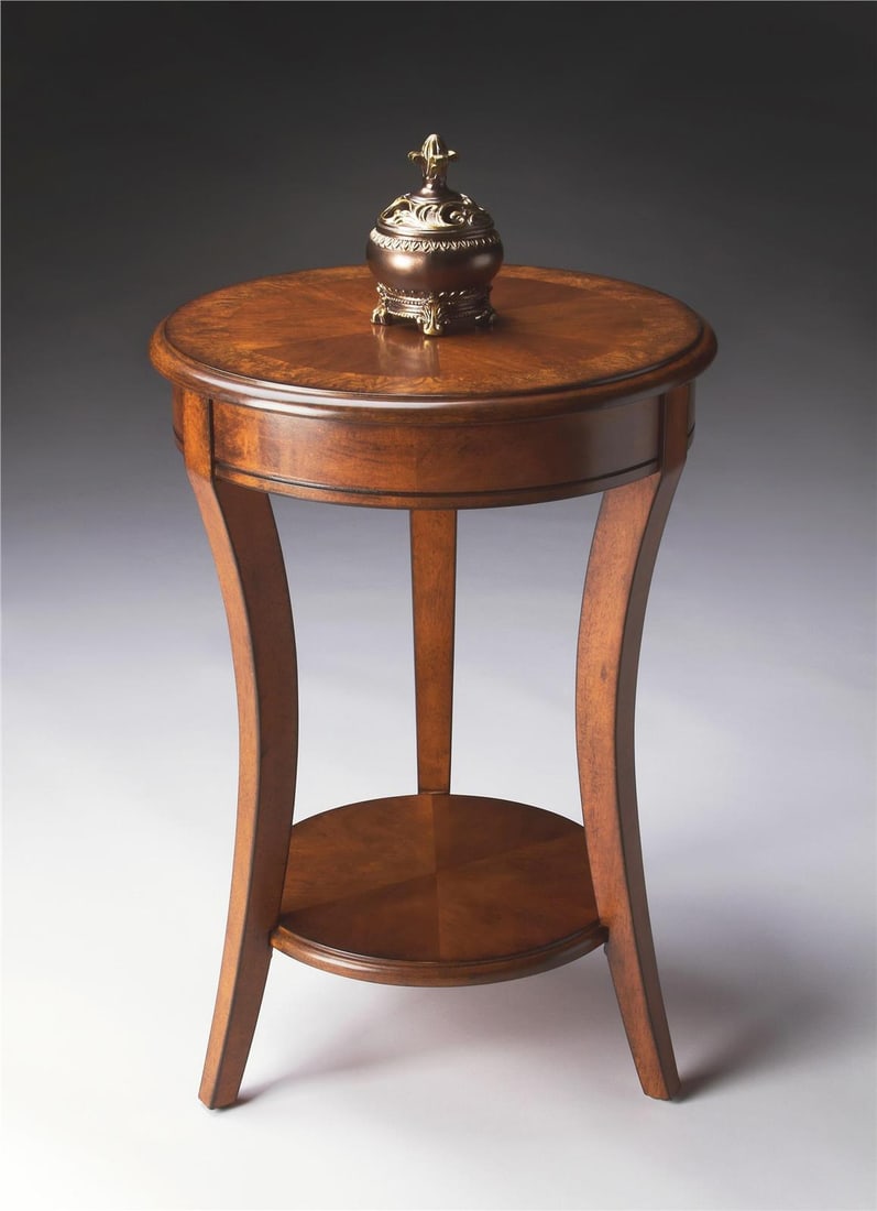 Round Cherry Holdin Side Table Olive Ash Brown Finish: Round Cherry Holdin Side Table Olive Ash Brown Finish This elegant round side table features a classic English traditional style and is crafted from cherry, MDF, metal, and poplar veneer. It has an ol