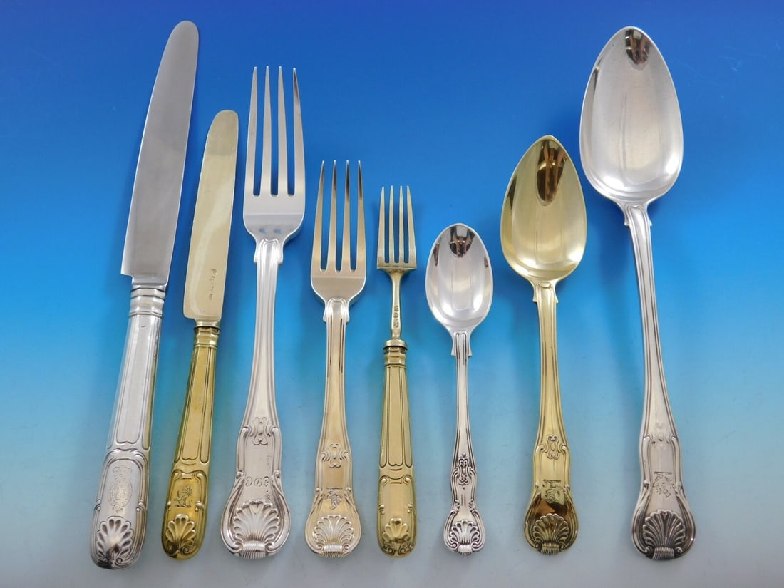 138 Piece Sterling Silver Kings Flatware Chest Set: 138 Piece Sterling Silver Kings Flatware Chest Set This early assembled English sterling silver flatware set features the classic Kings pattern with a shell motif and includes a total of 138 pieces. T